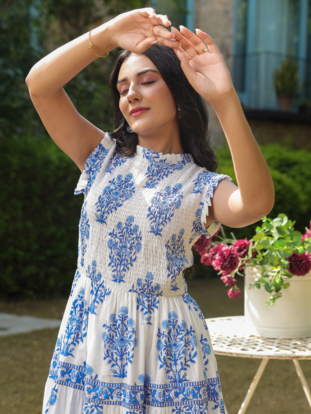 Sleeveless Cotton Printed Dress with Mughal Motifs & Smocking Yoke