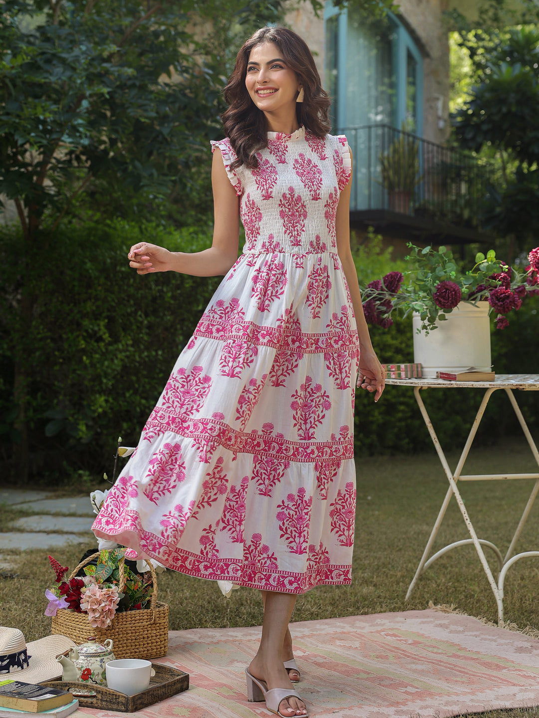 Sleeveless Cotton Printed Dress with Mughal Motifs & Smocking Yoke