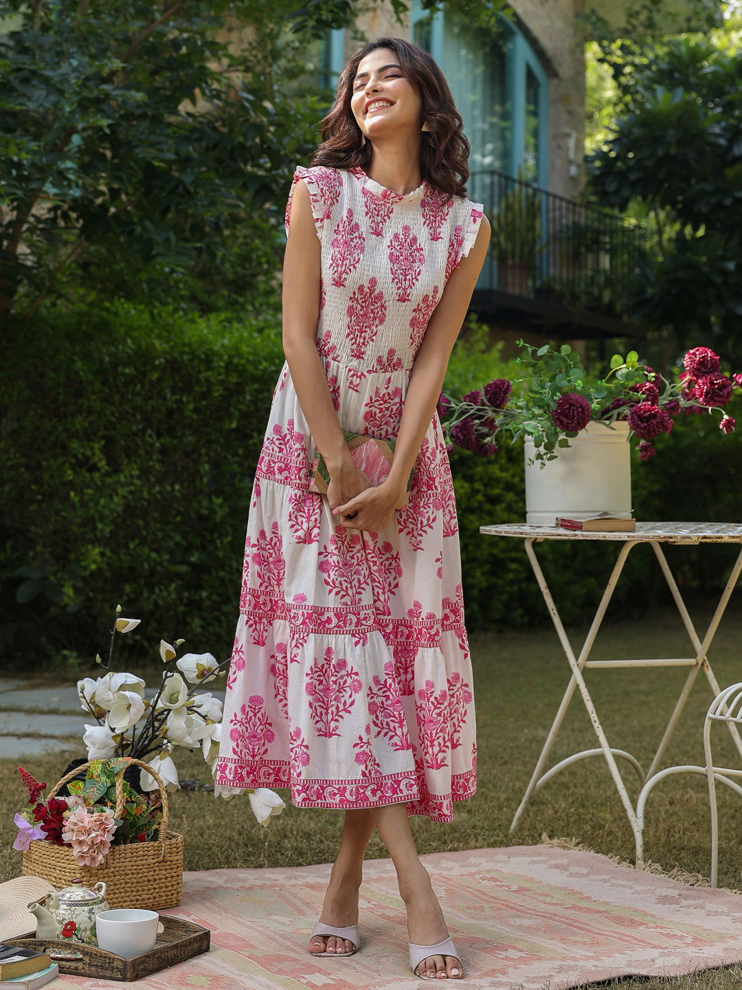 Sleeveless Cotton Printed Dress with Mughal Motifs & Smocking Yoke