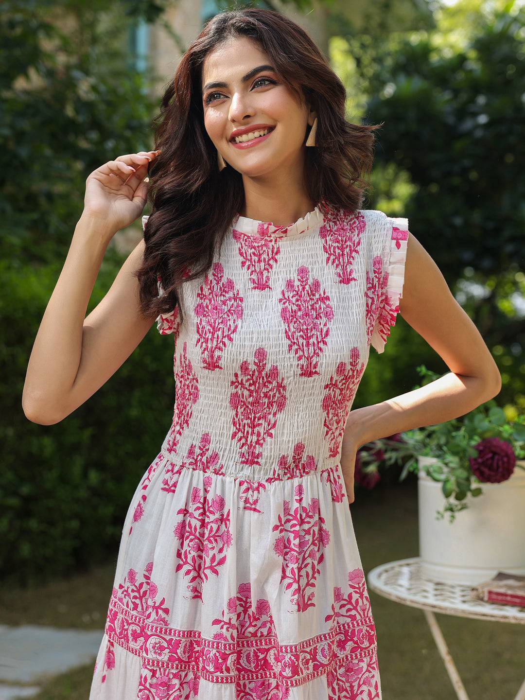 Sleeveless Cotton Printed Dress with Mughal Motifs & Smocking Yoke