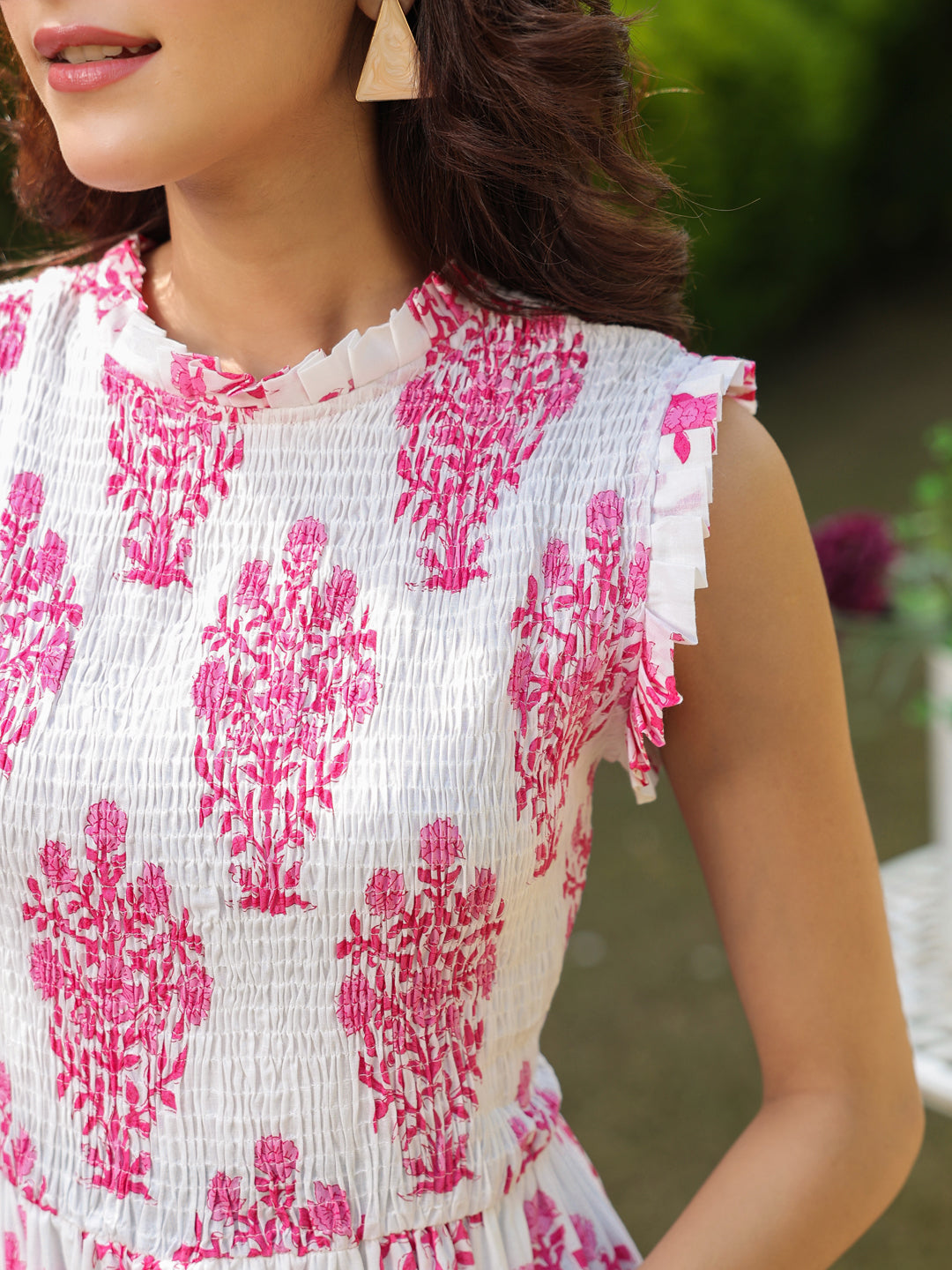 Sleeveless Cotton Printed Dress with Mughal Motifs & Smocking Yoke