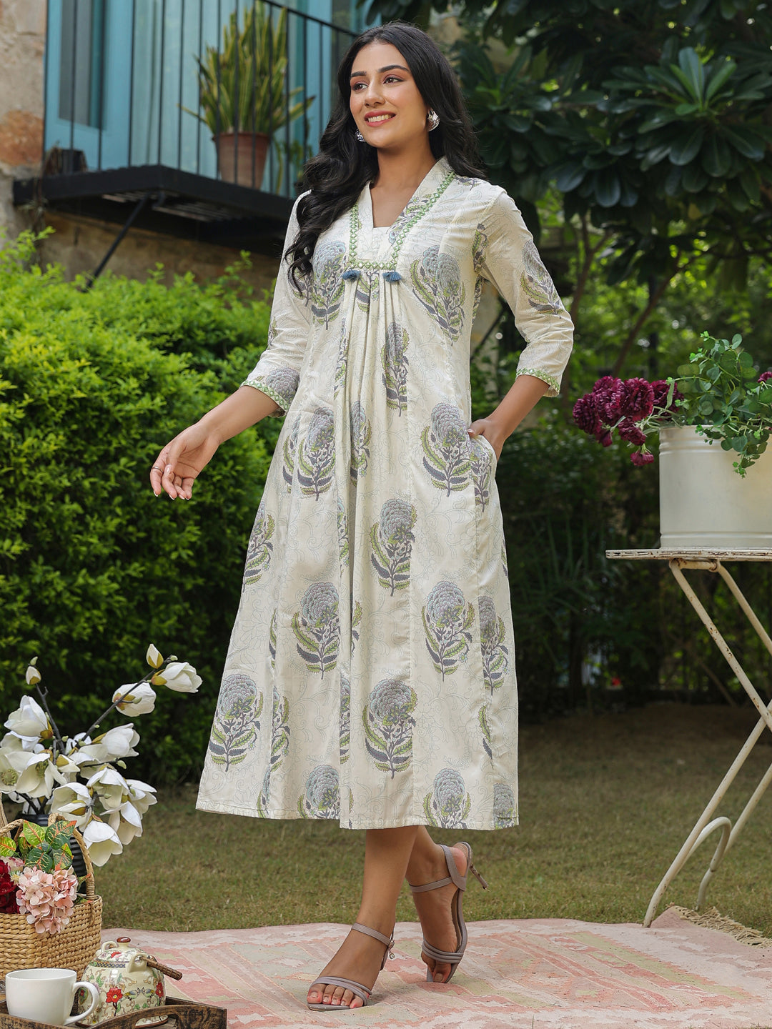 White A-Line Dress with Boota, Mirrorless & Tassel Detailing