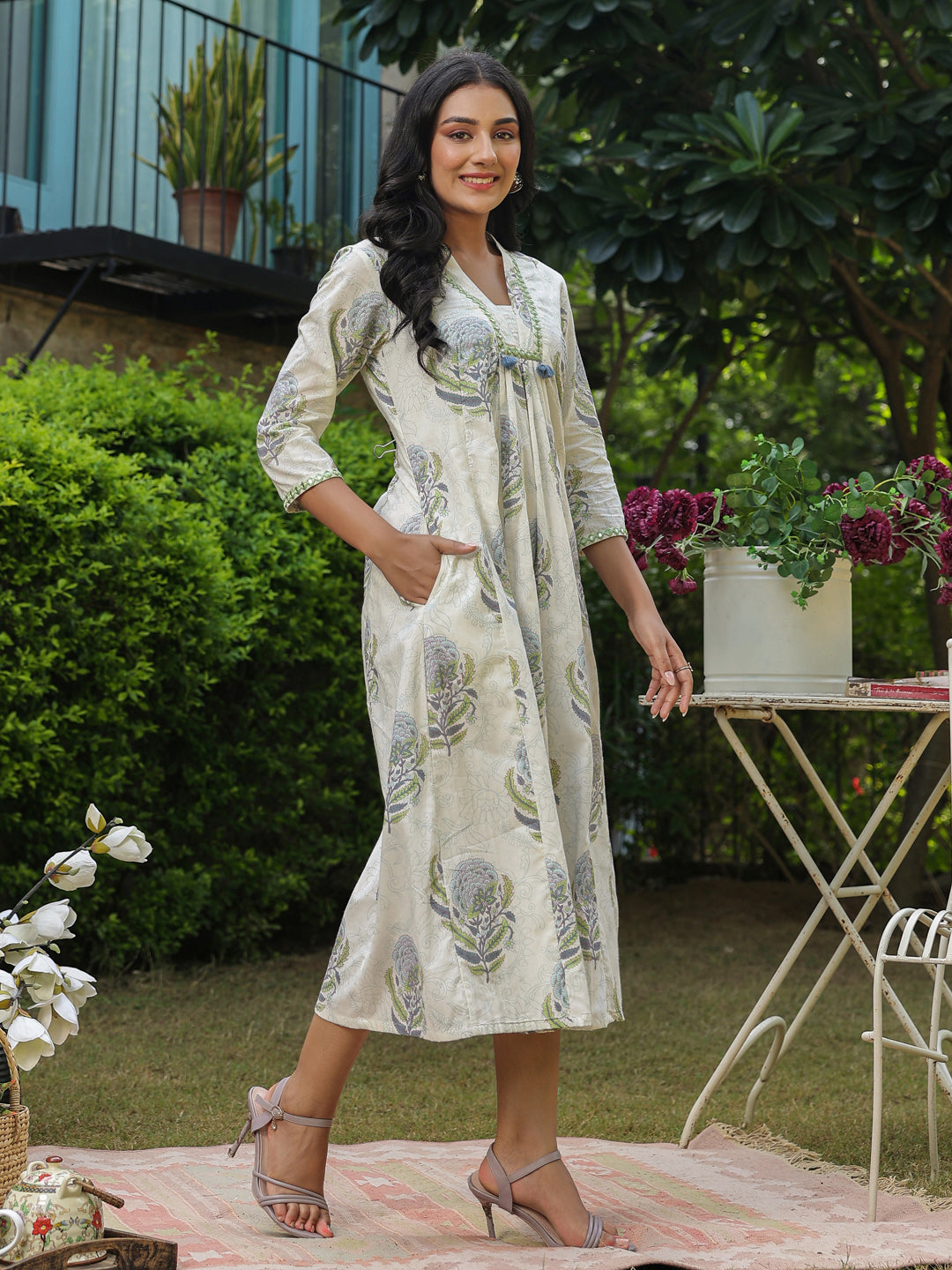 White A-Line Dress with Boota, Mirrorless & Tassel Detailing