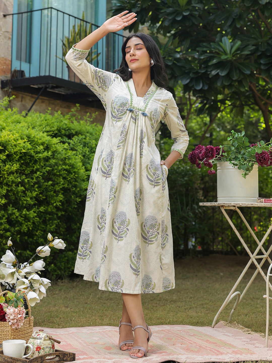 White A-Line Dress with Boota, Mirrorless & Tassel Detailing