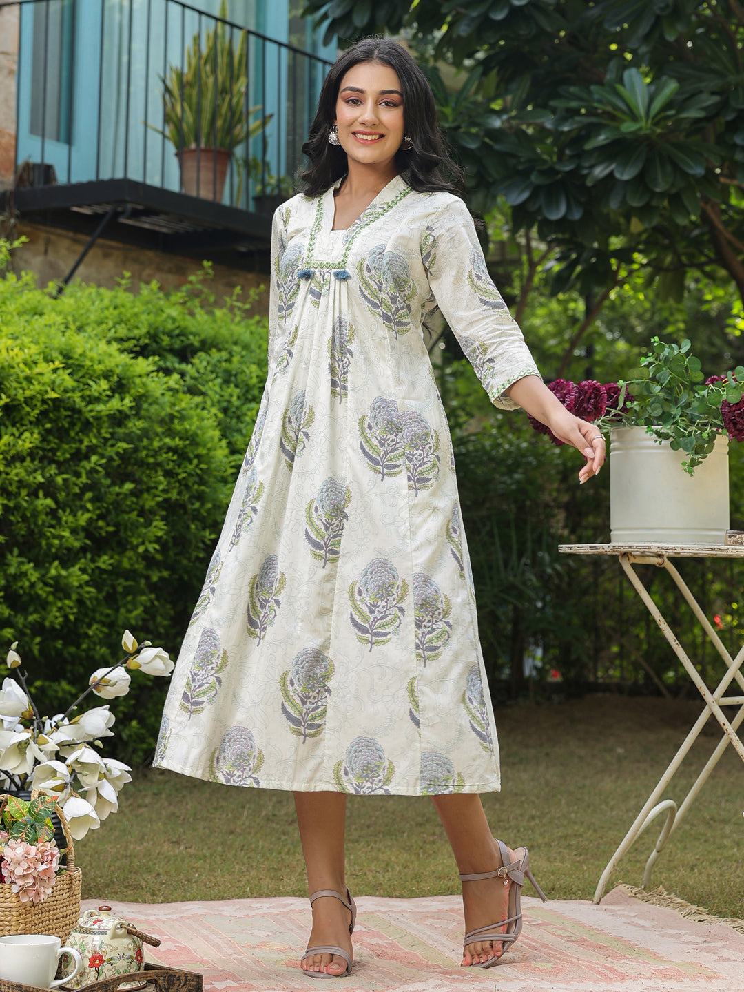 White A-Line Dress with Boota, Mirrorless & Tassel Detailing