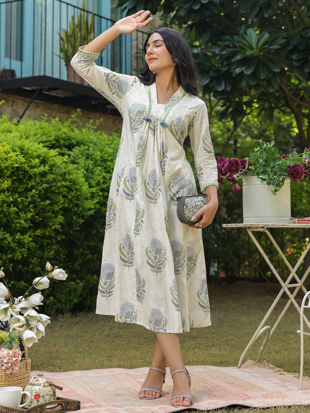White A-Line Dress with Boota, Mirrorless & Tassel Detailing