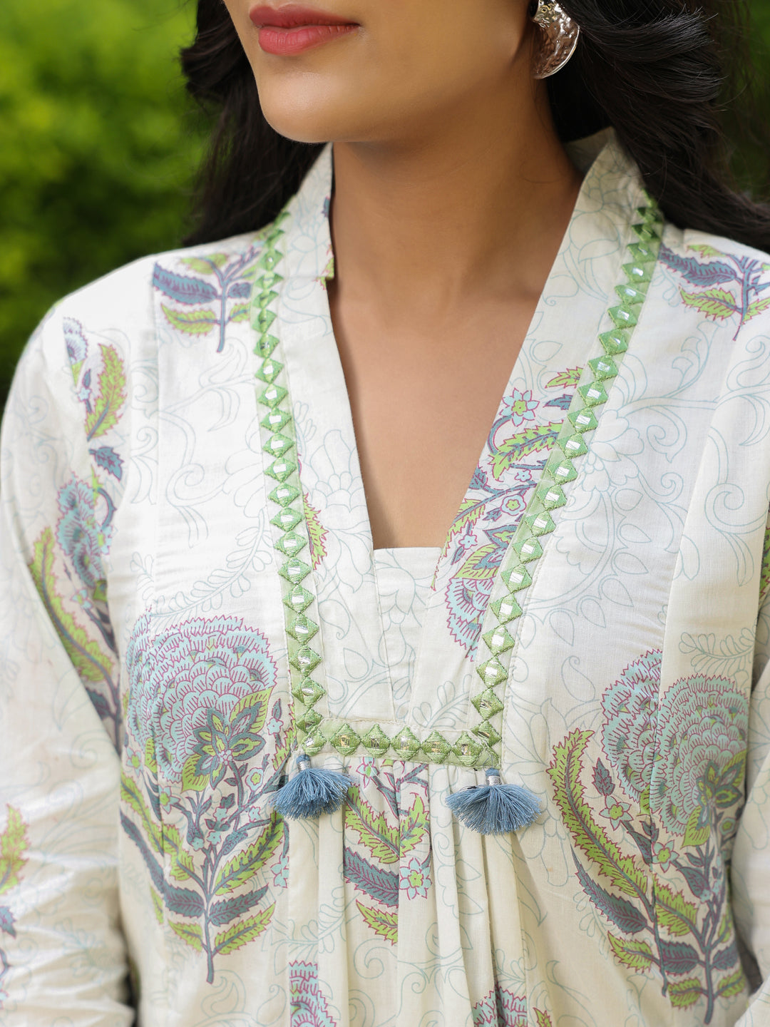 White A-Line Dress with Boota, Mirrorless & Tassel Detailing