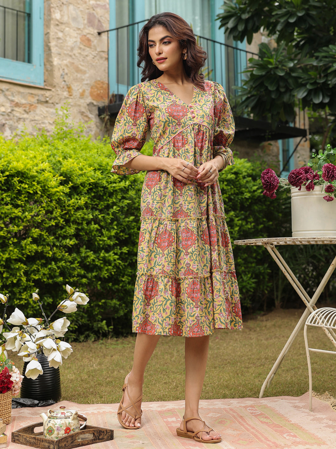 Yellow Printed Midi Dress with V-Neck and Smocking Sleeves