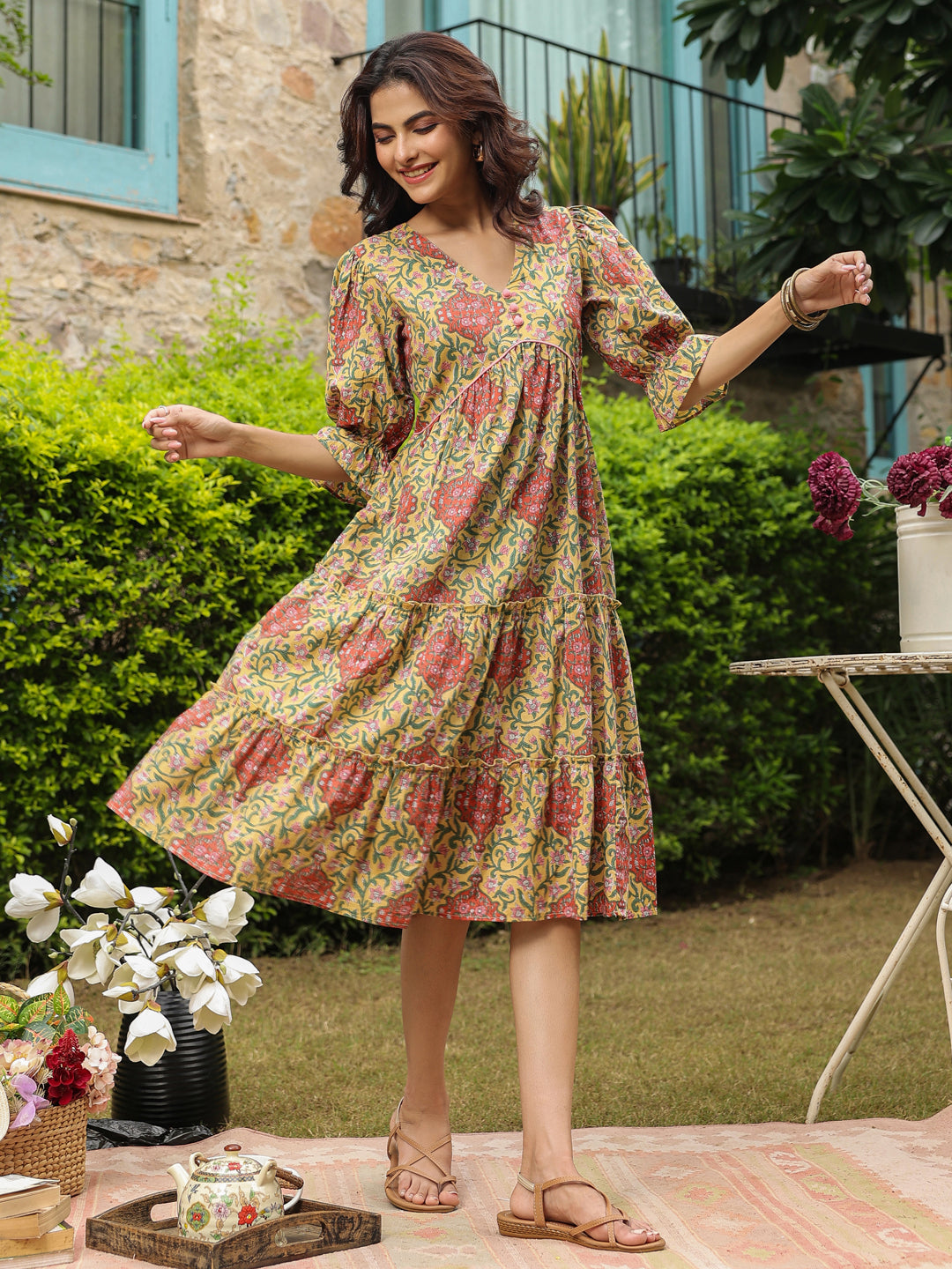 Yellow Printed Midi Dress with V-Neck and Smocking Sleeves