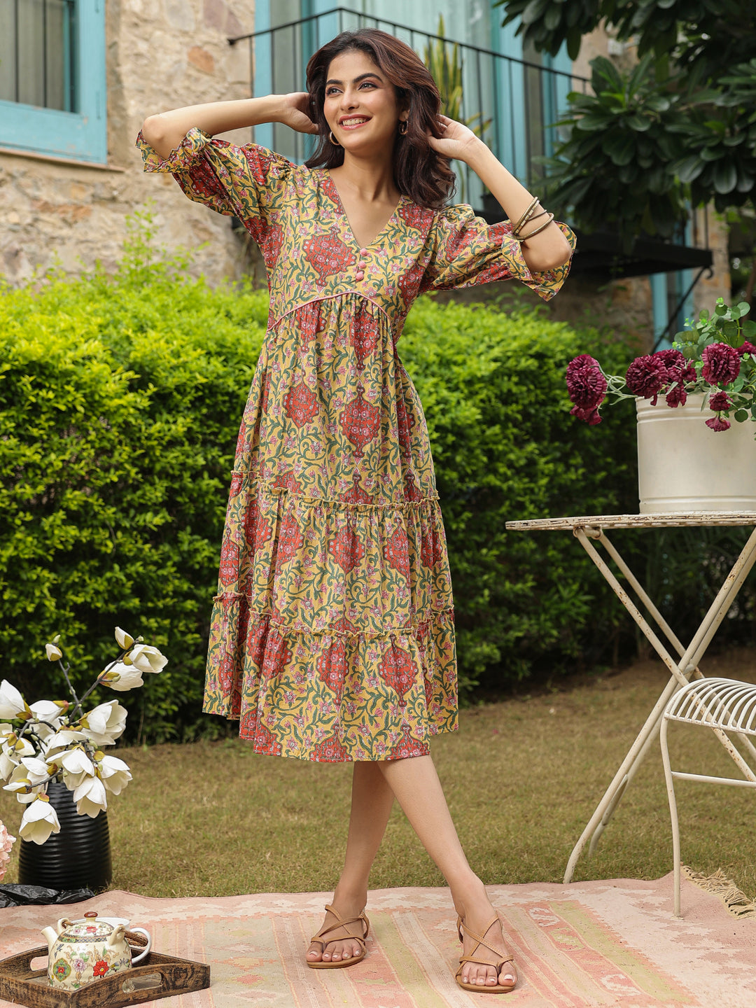 Yellow Printed Midi Dress with V-Neck and Smocking Sleeves