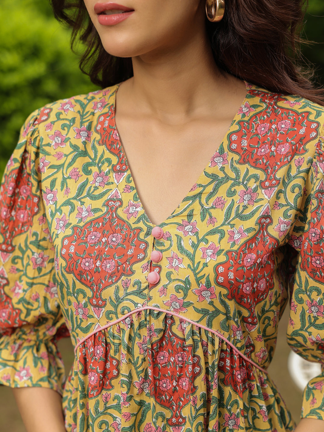 Yellow Printed Midi Dress with V-Neck and Smocking Sleeves