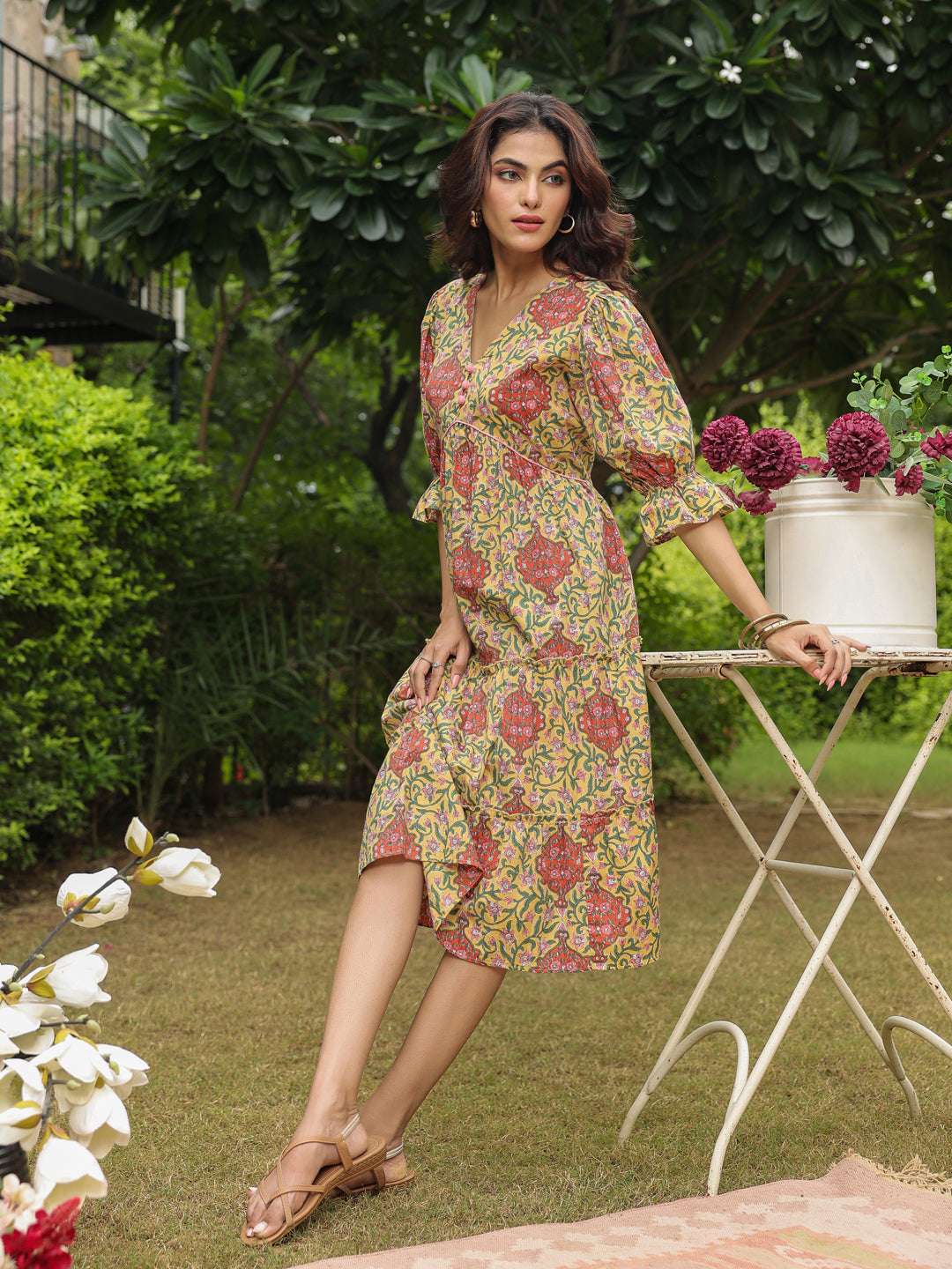 Yellow Printed Midi Dress with V-Neck and Smocking Sleeves