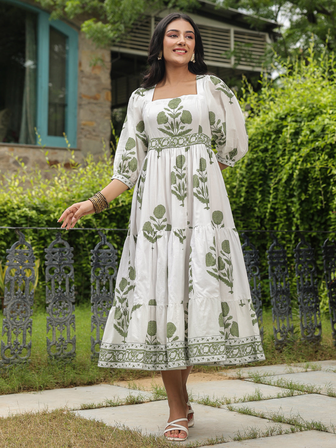 Printed Mughal Boota Dress with Sweetie Pie Neckline