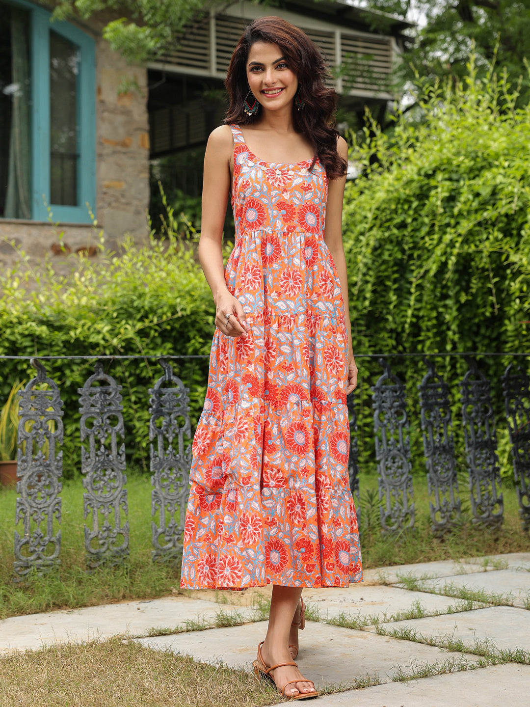 Orange Floral Printed Shoulder Strap Maxi Dress