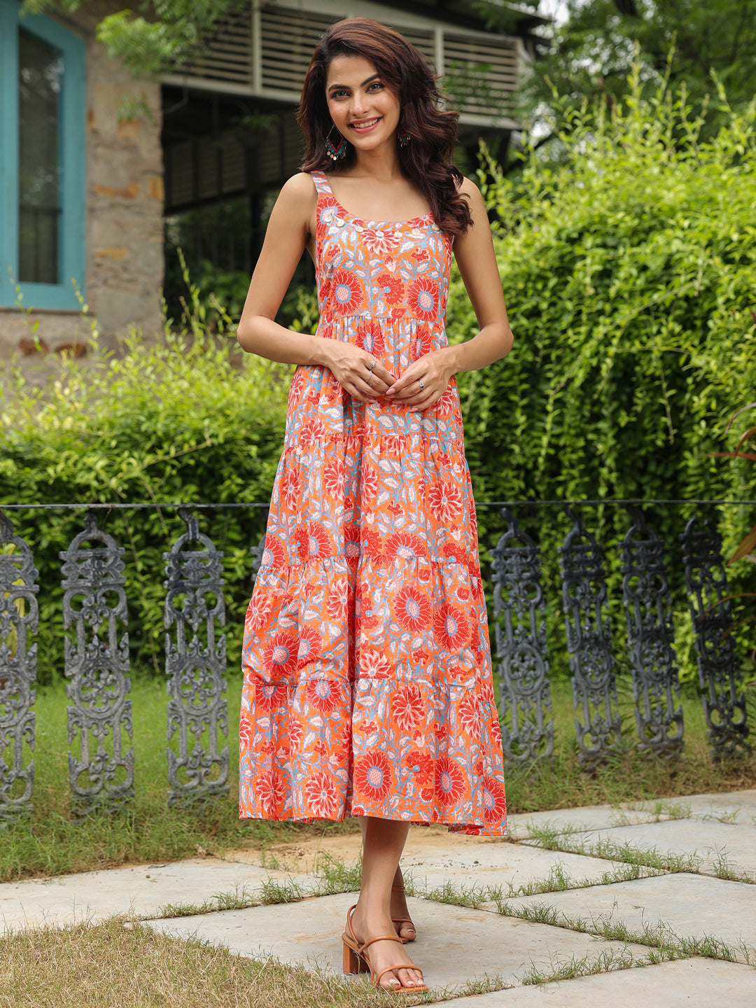 Orange Floral Printed Shoulder Strap Maxi Dress