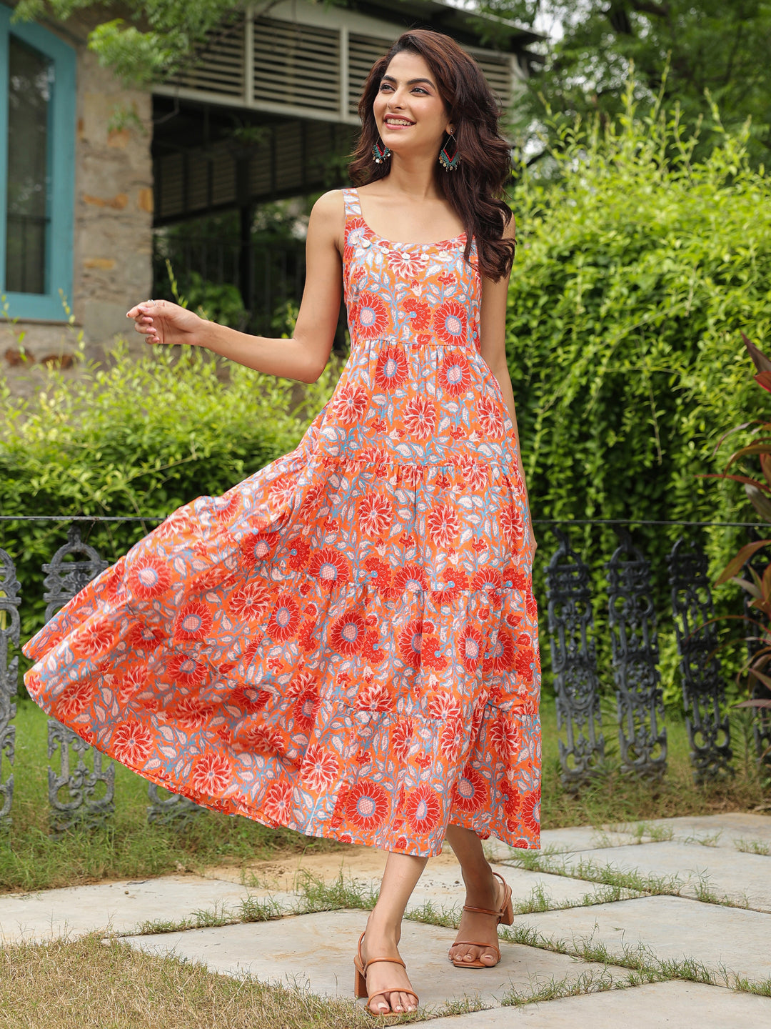 Orange Floral Printed Shoulder Strap Maxi Dress