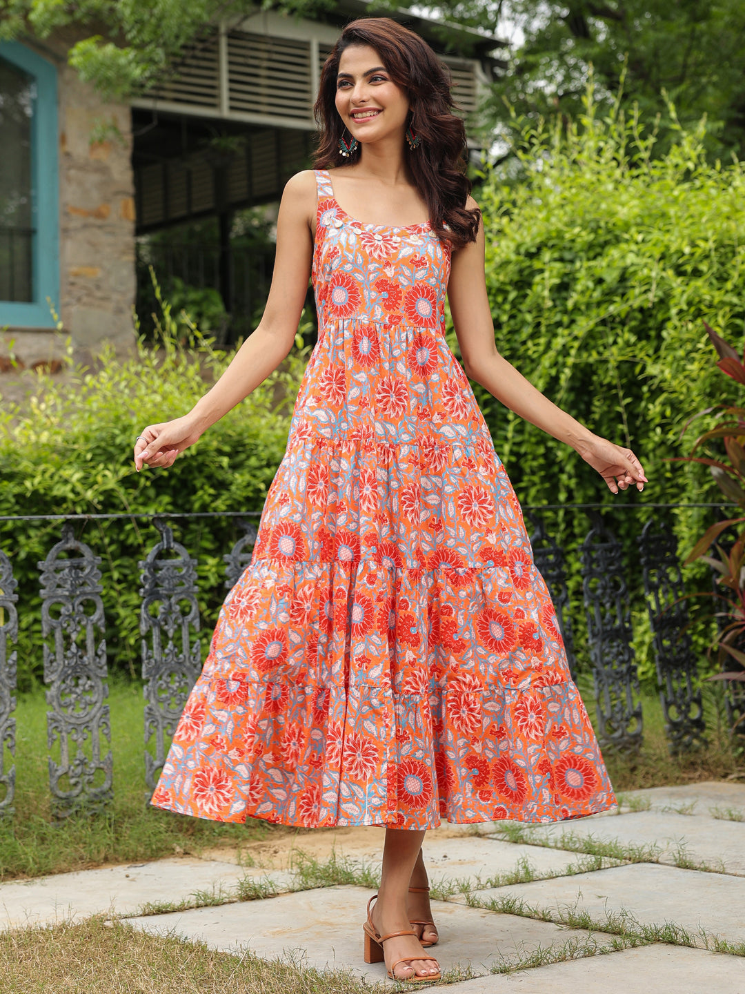 Orange Floral Printed Shoulder Strap Maxi Dress