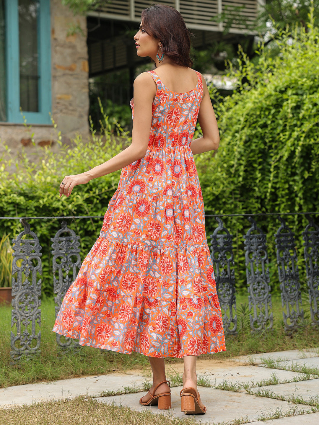 Orange Floral Printed Shoulder Strap Maxi Dress