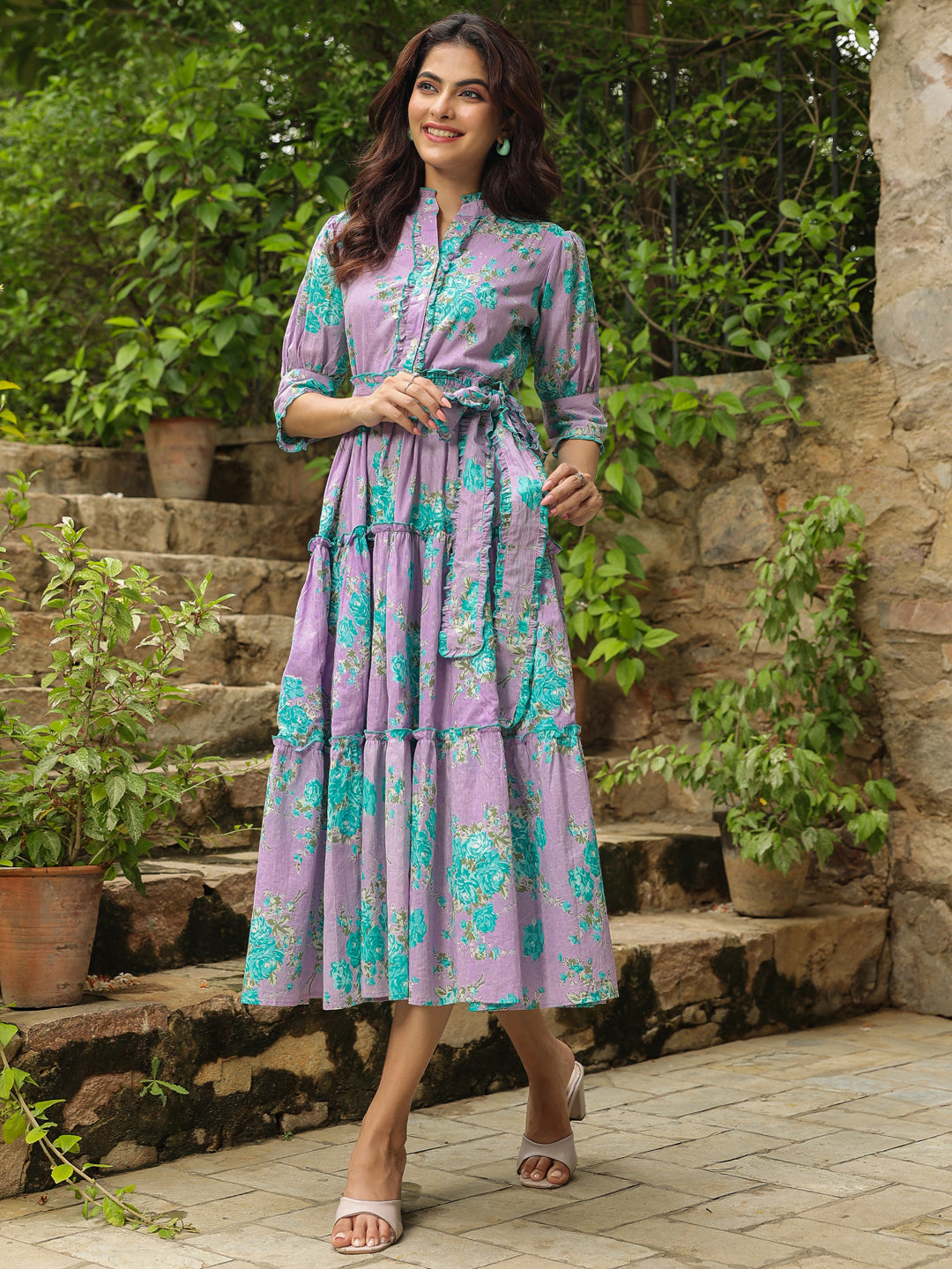 Purple Floral Print Puff Sleeve Fit & Flare Midi Dress