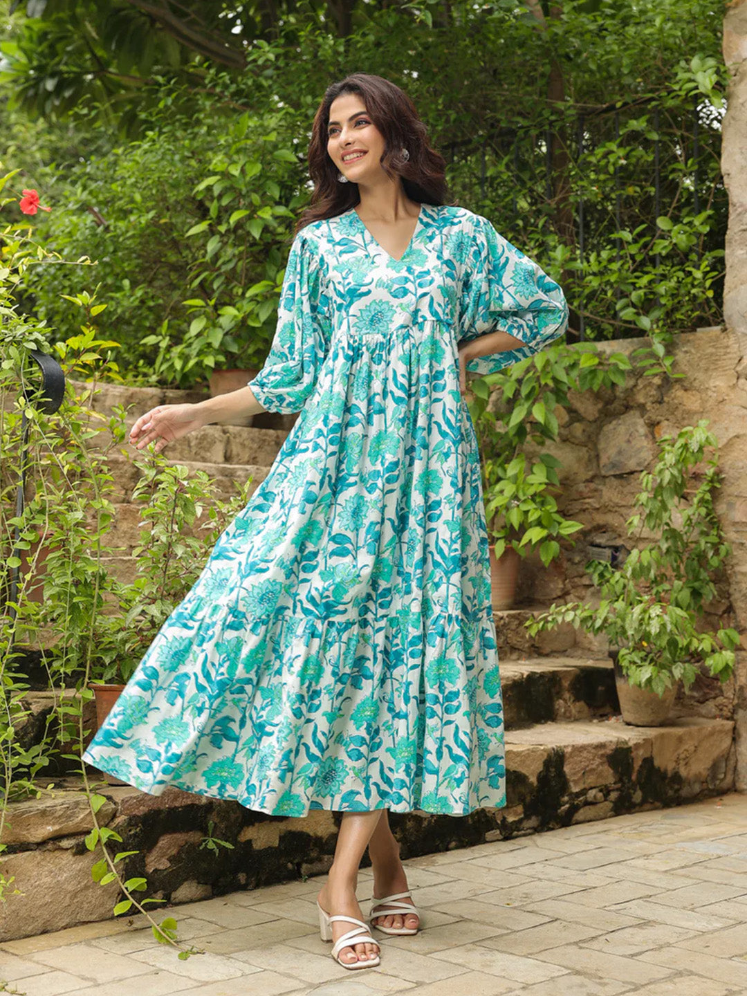 White & Turquoise Printed Zip dress