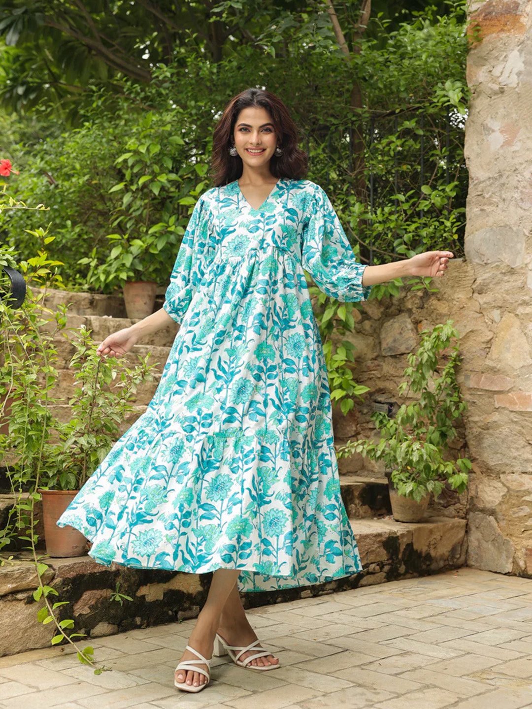 White & Turquoise Printed Zip dress