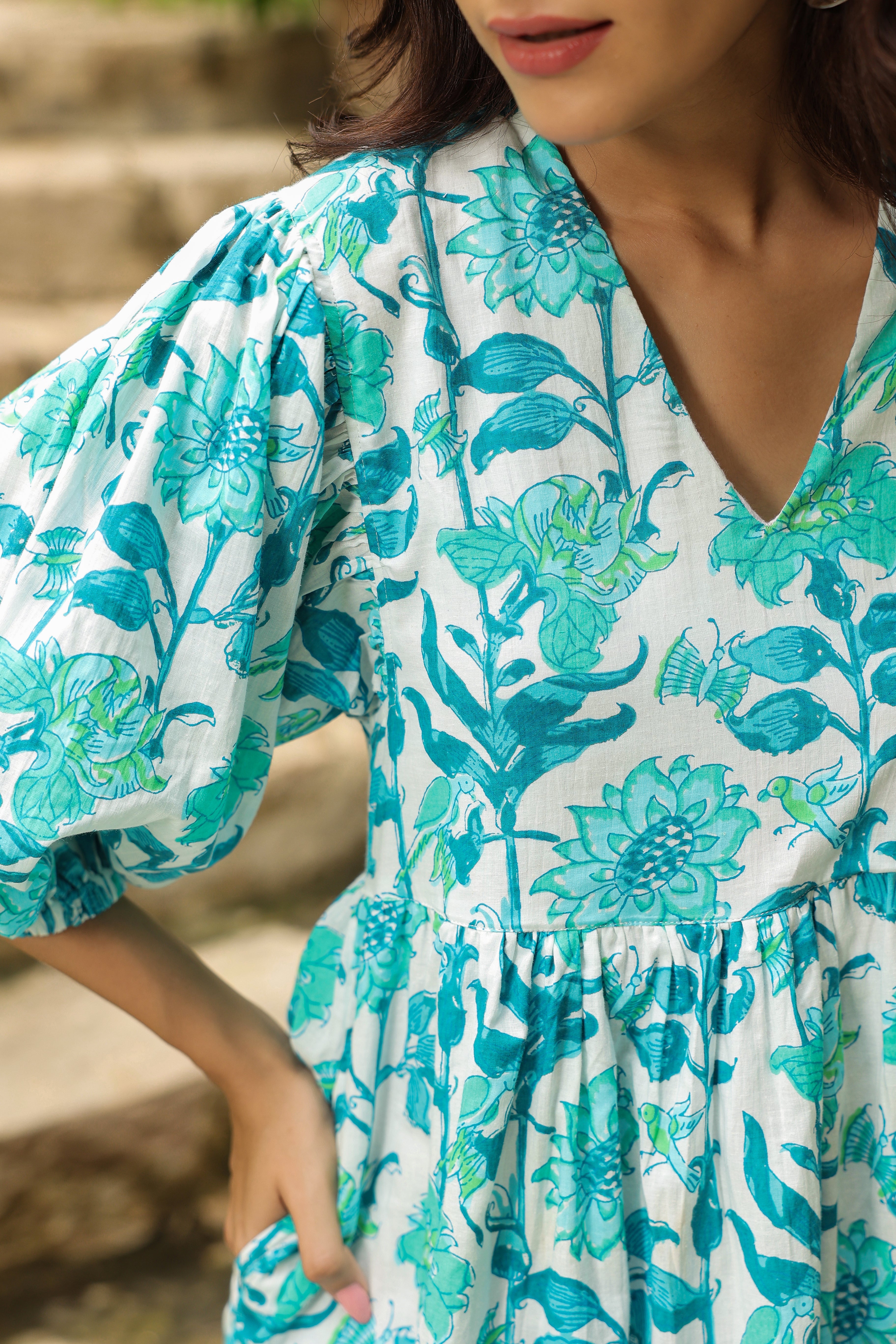 White & Turquoise Printed Zip dress