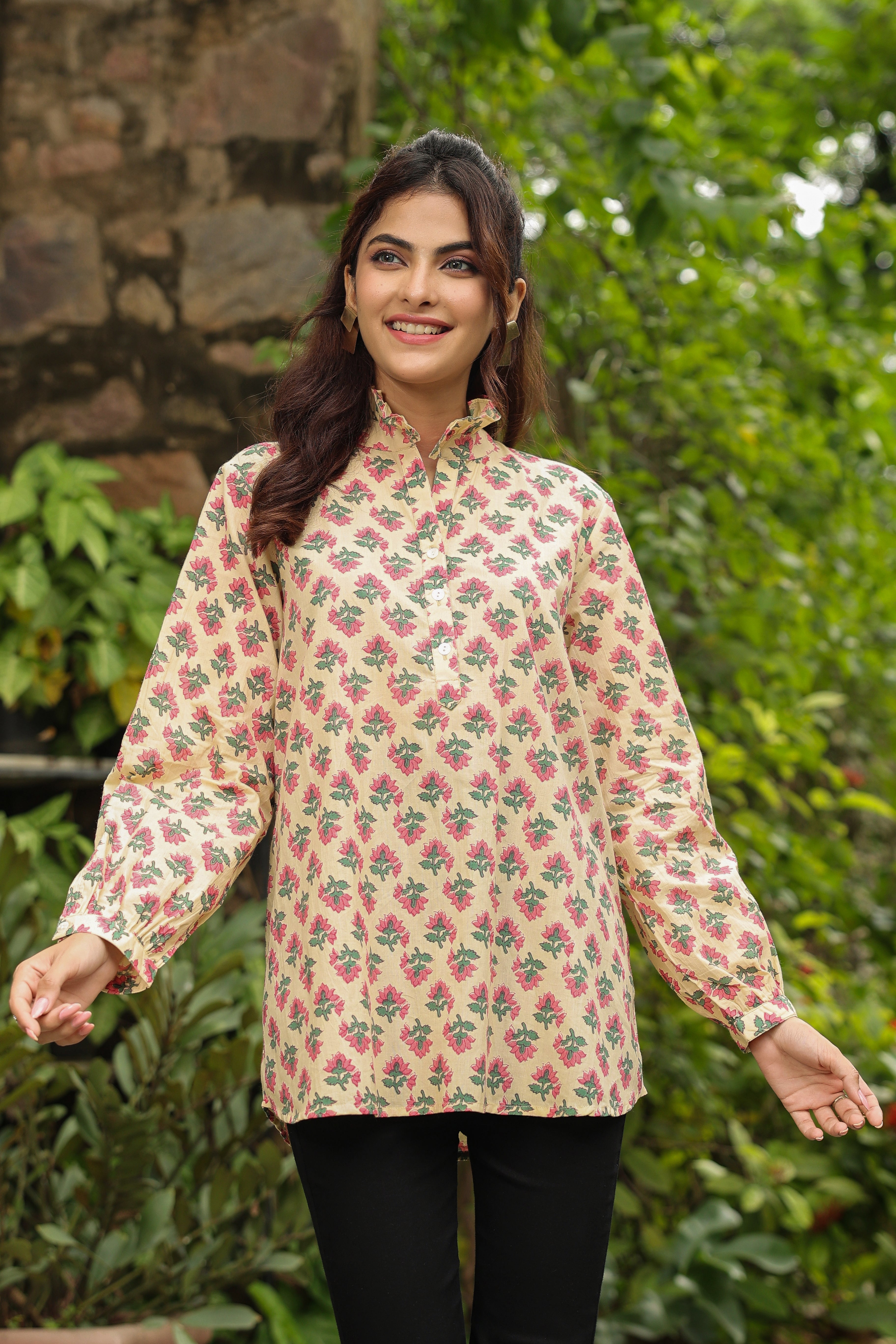 Cream Printed Peasant Shirt with Frill Details