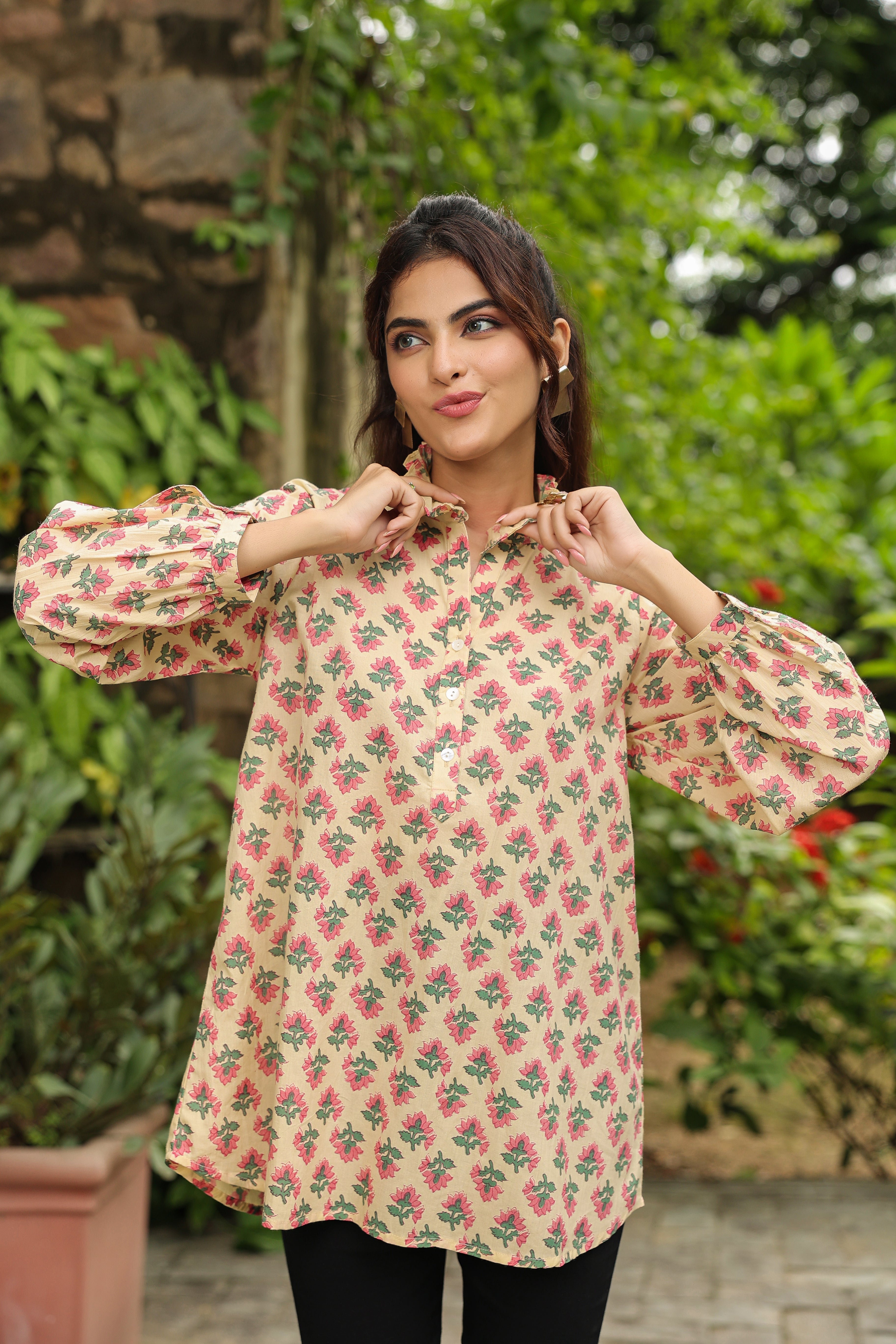 Cream Printed Peasant Shirt with Frill Details