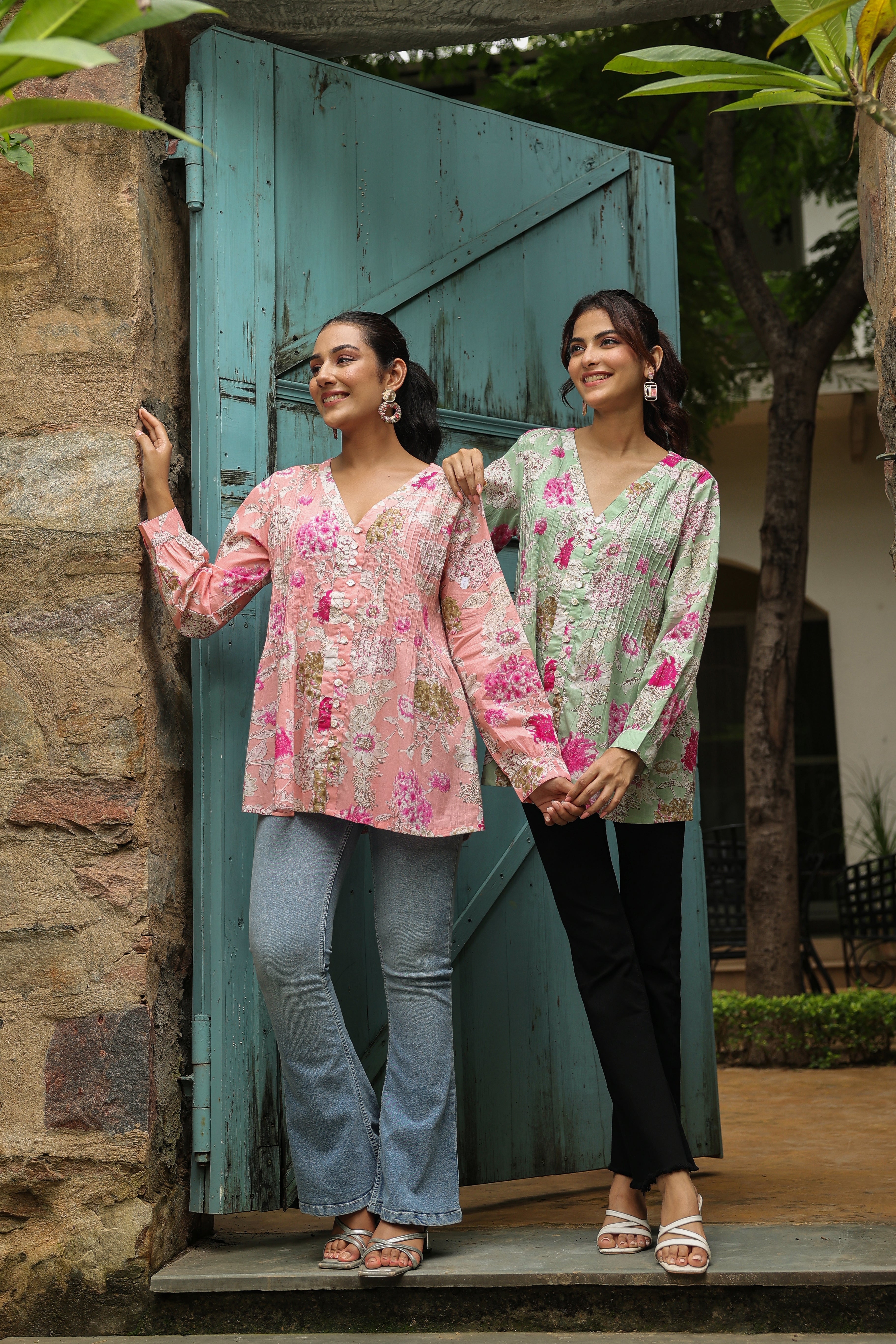 Pink Printed Pintucks Cotton Top