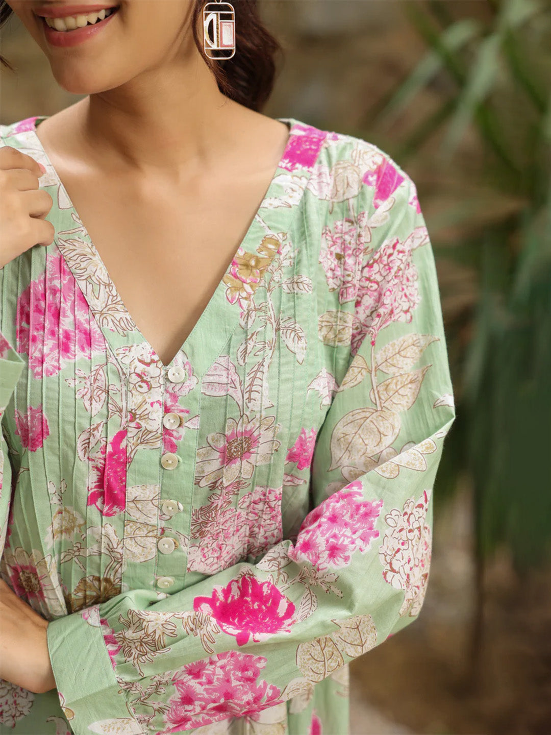 Green Printed Pintucks Top