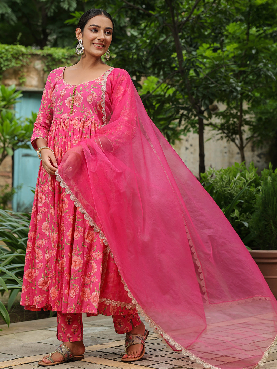 Pink Printed Anarkali Suit Set
