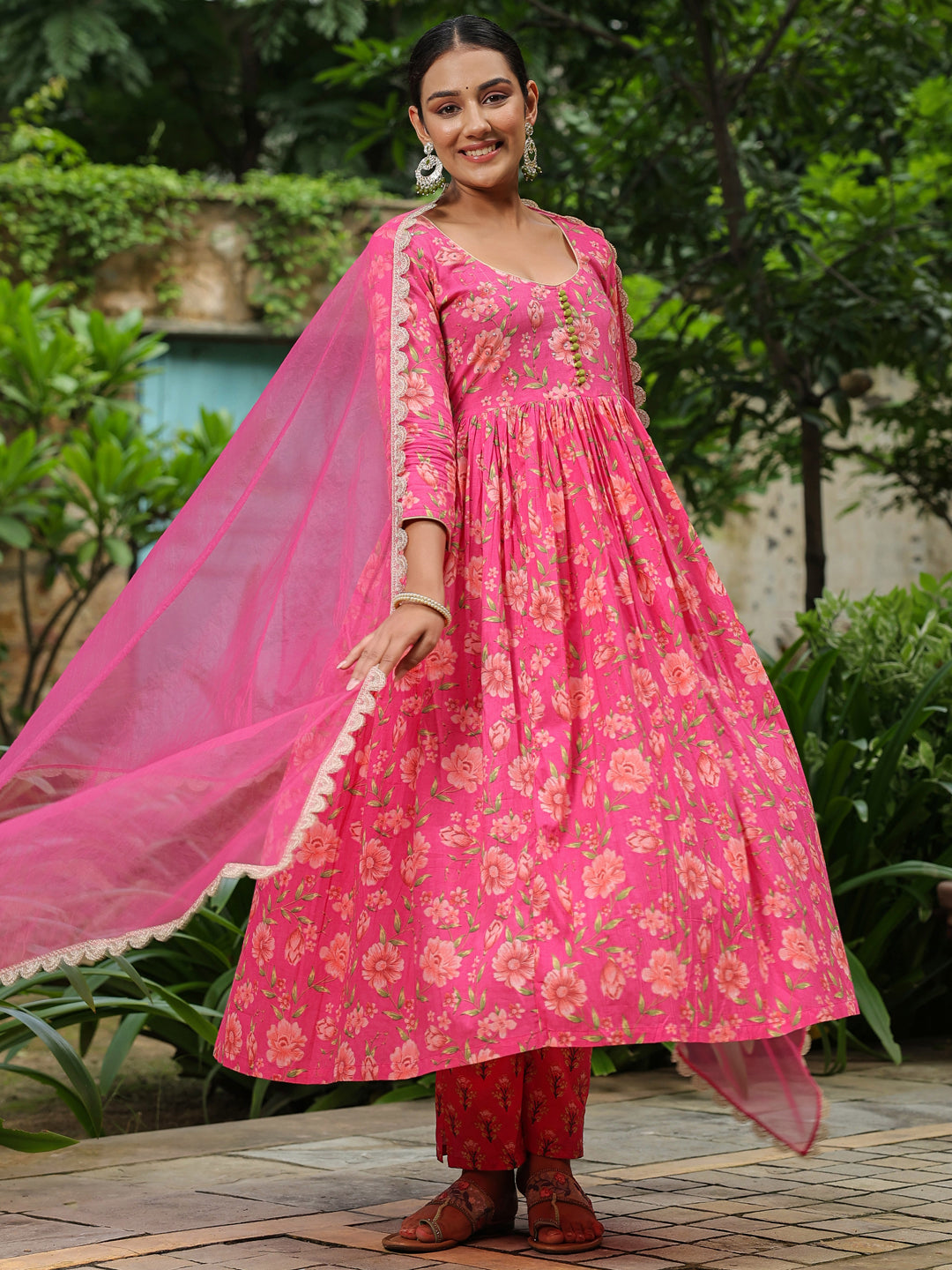 Pink Printed Anarkali Suit Set
