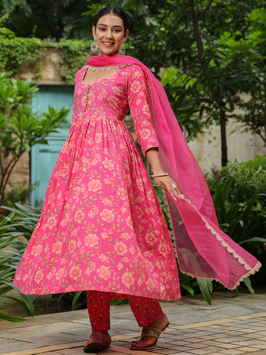 Pink Printed Anarkali Suit Set