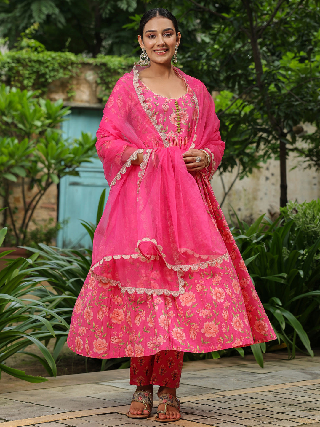 Pink Printed Anarkali Suit Set