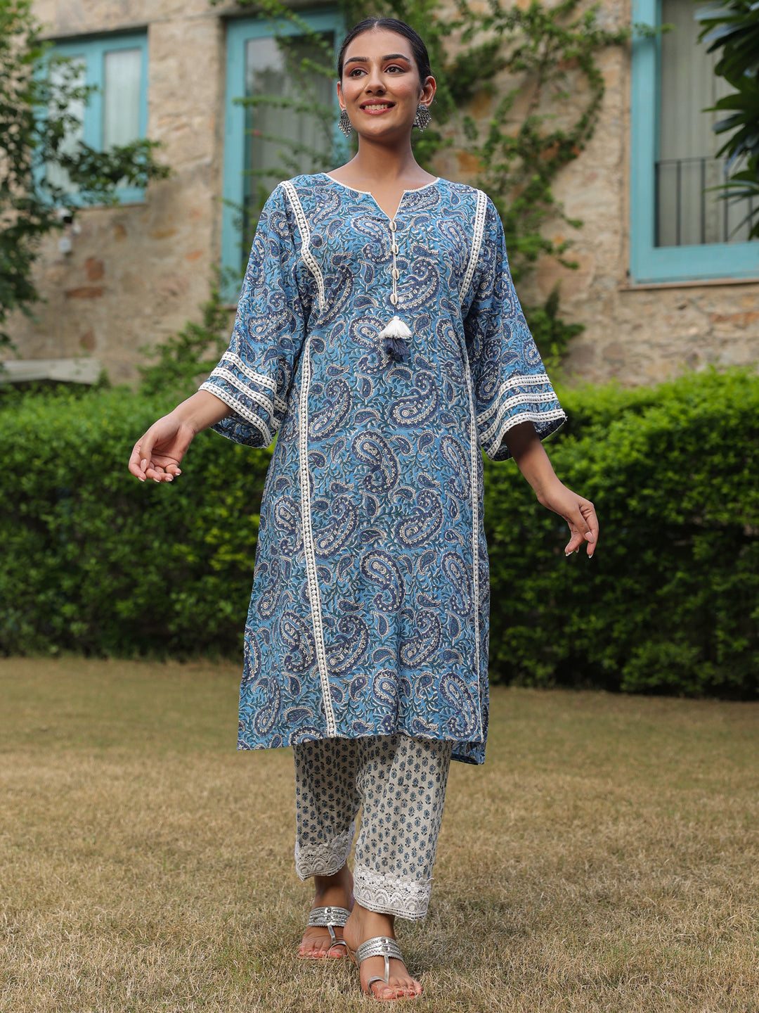 Paisley Blue Printed Afghani Chogha