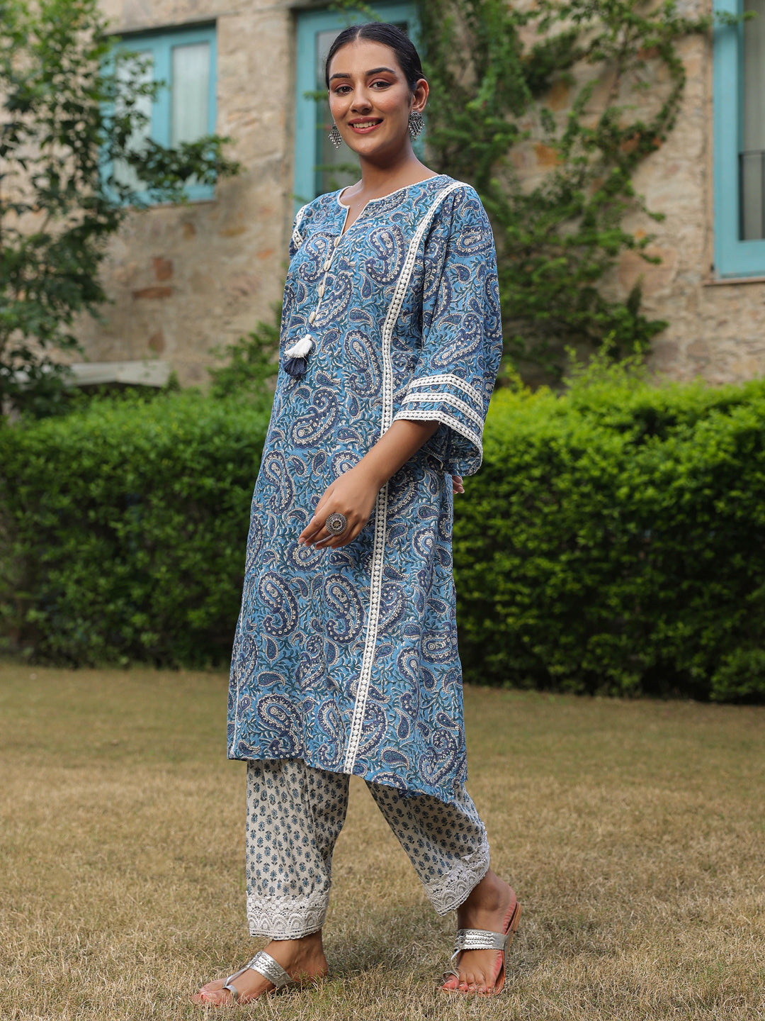 Paisley Blue Printed Afghani Chogha