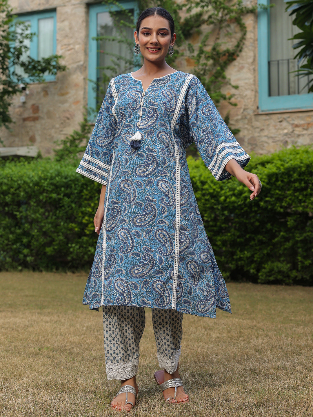 Paisley Blue Printed Afghani Chogha
