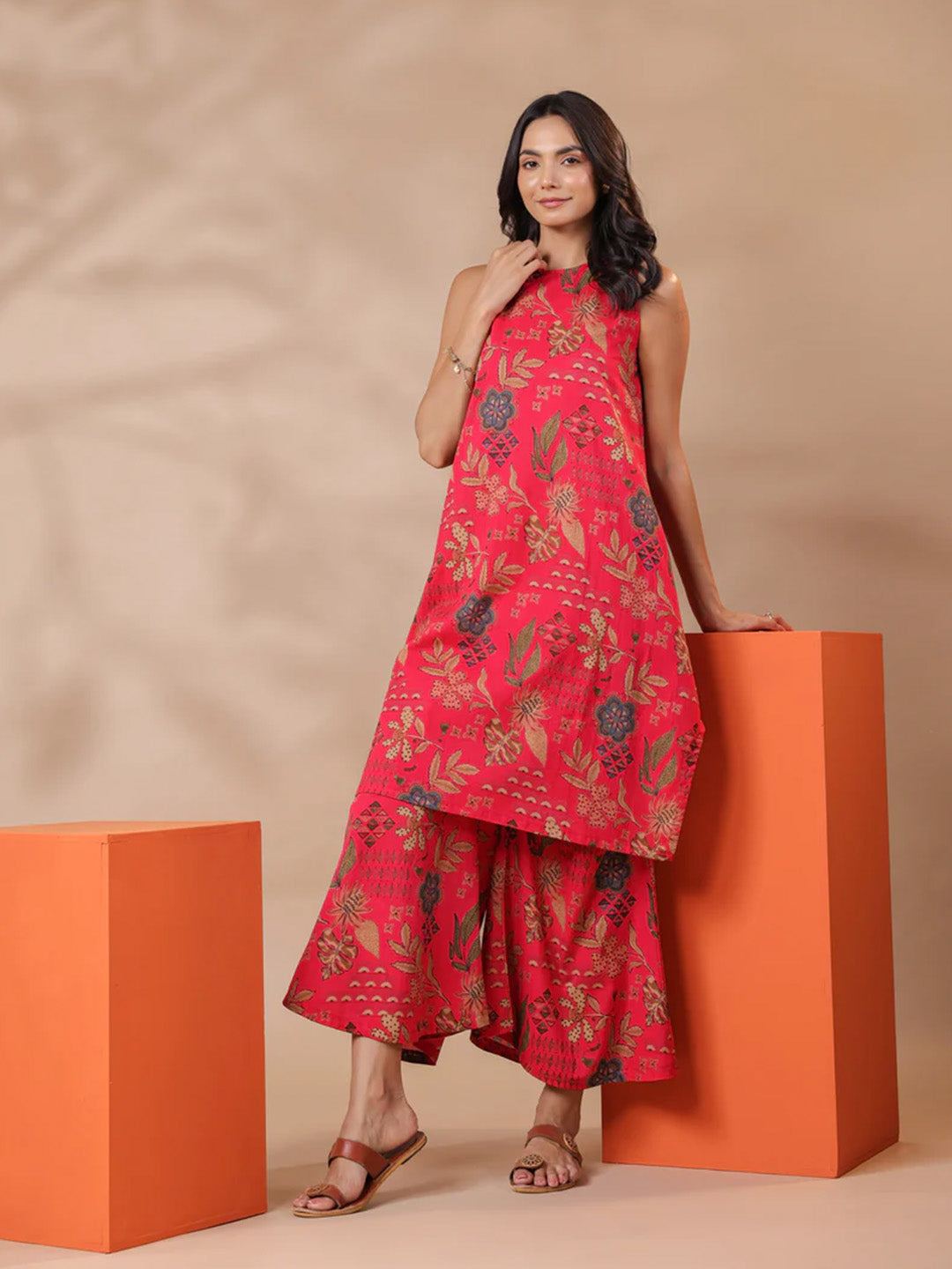 Pink Printed Sleeveless Cotton Kurta & Pants Set