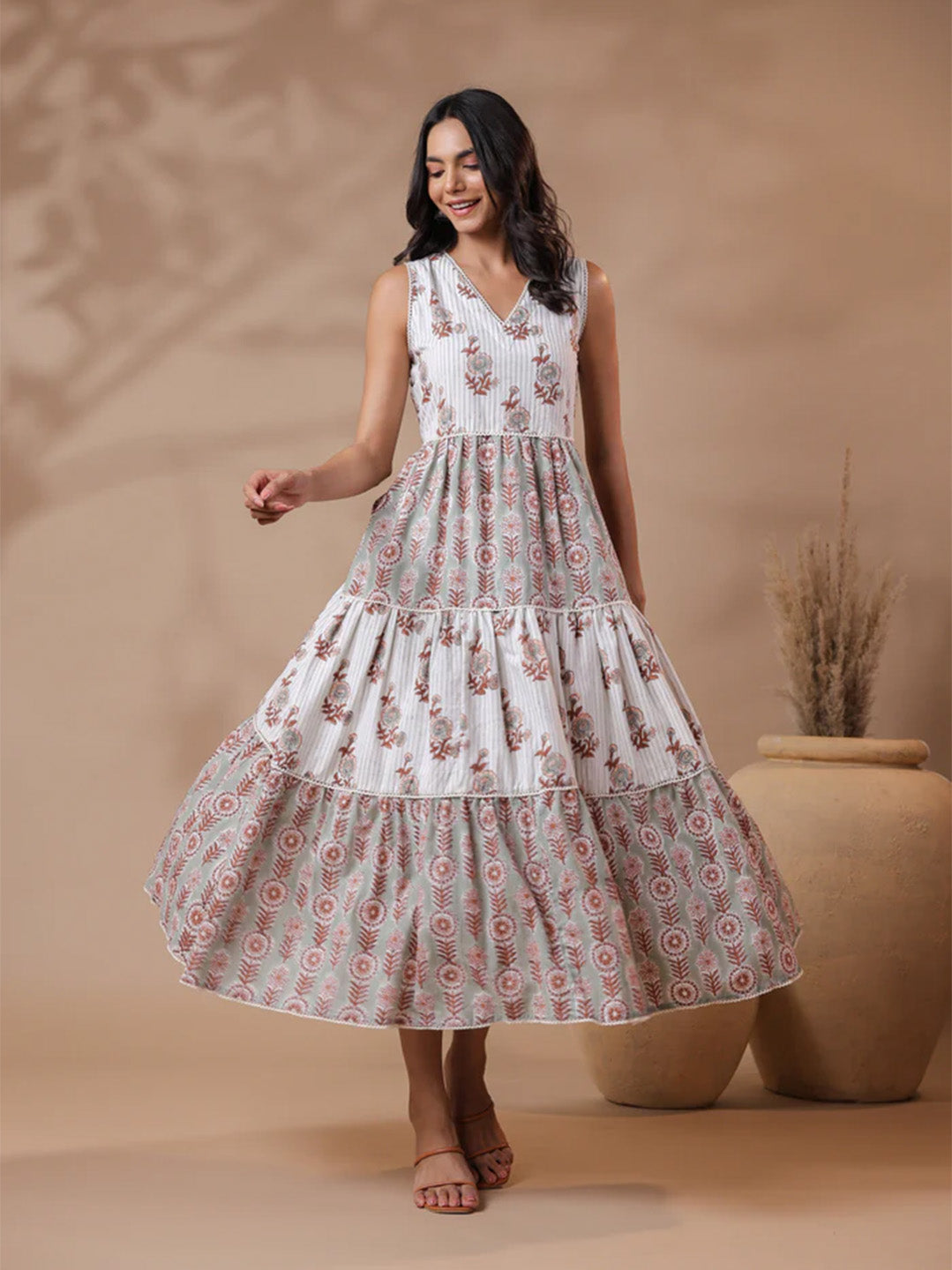 V-neck Handblock Printed Dress