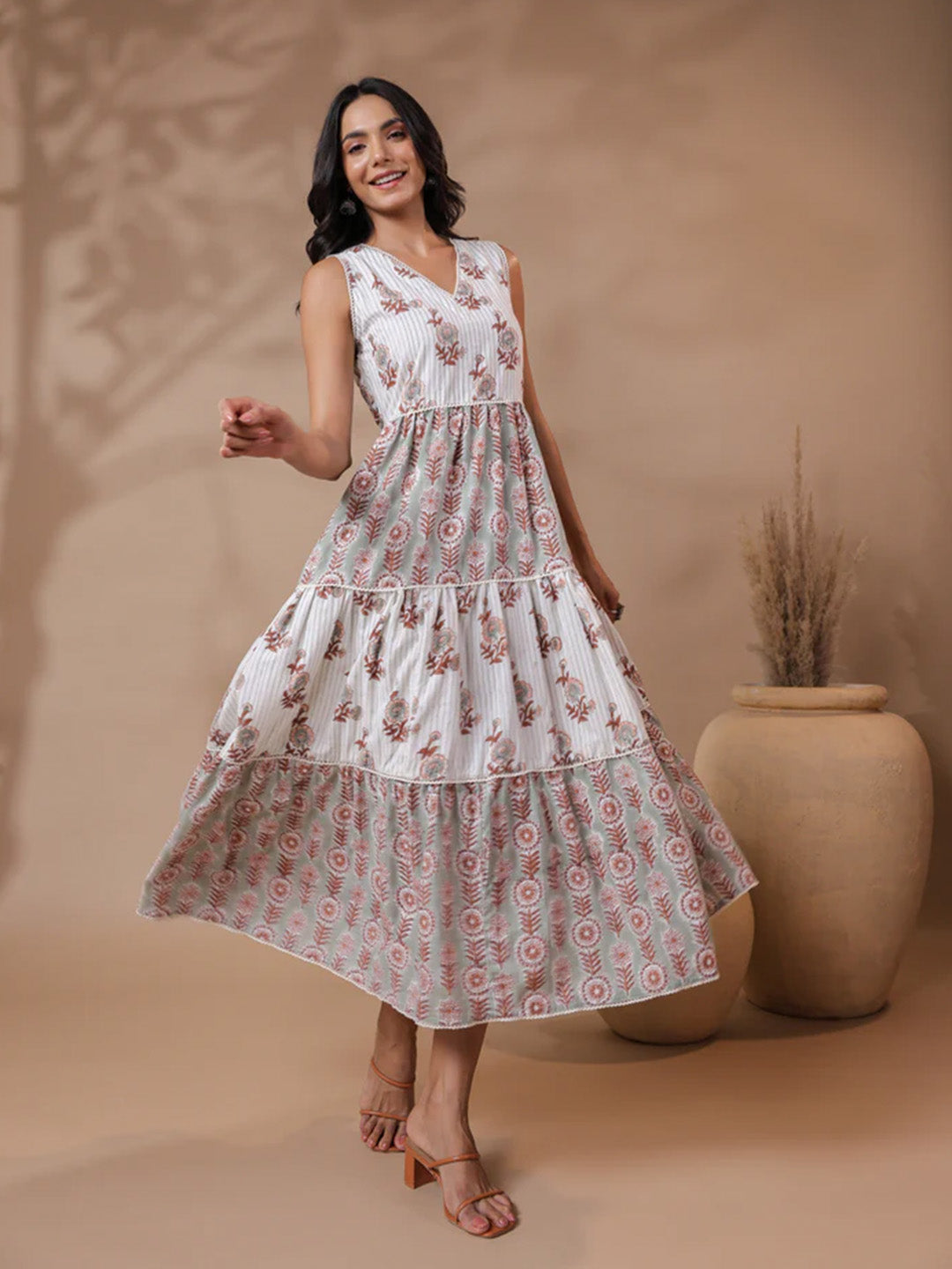 V-neck Handblock Printed Dress