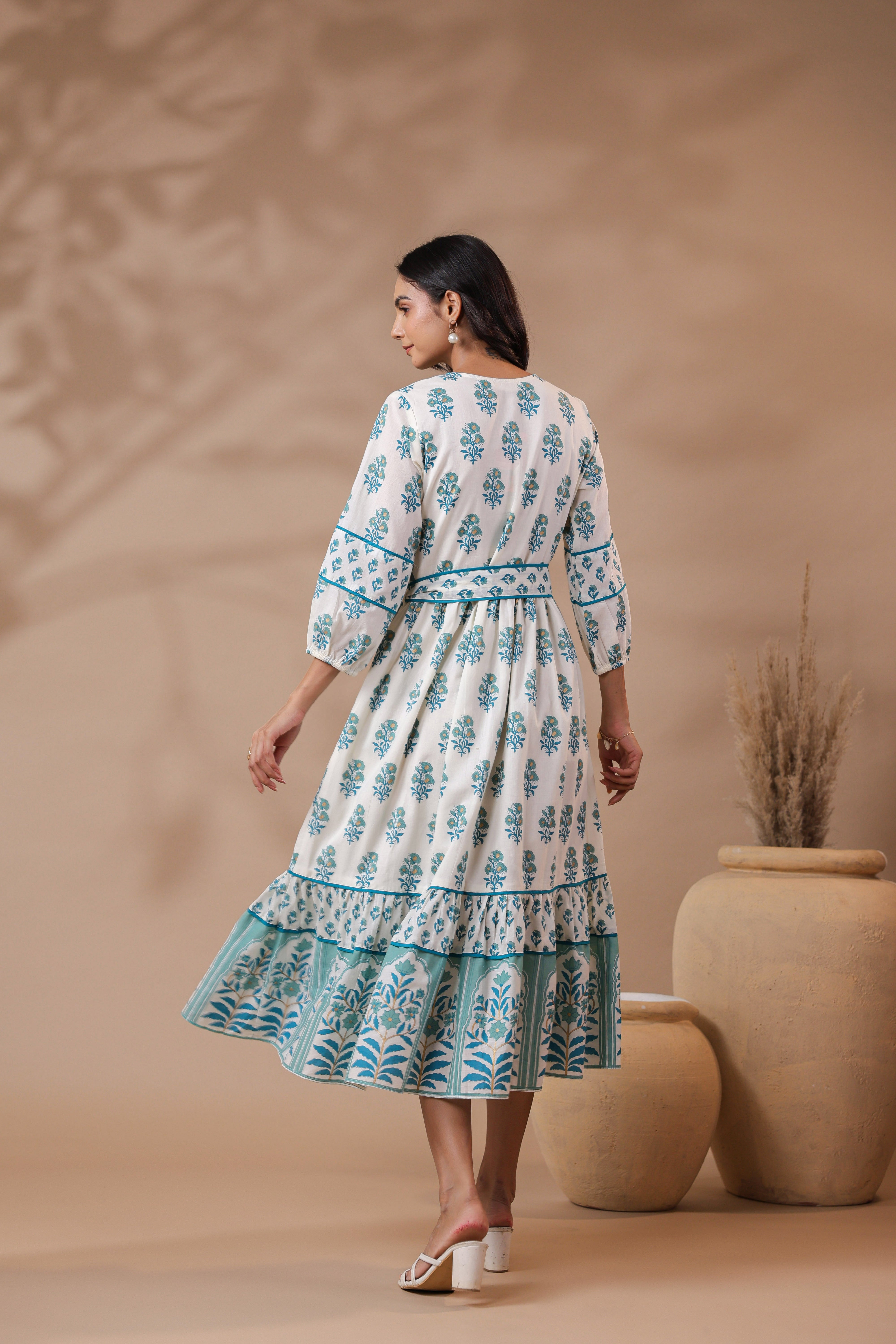 White Printed Cotton Maxi Dress with Lining