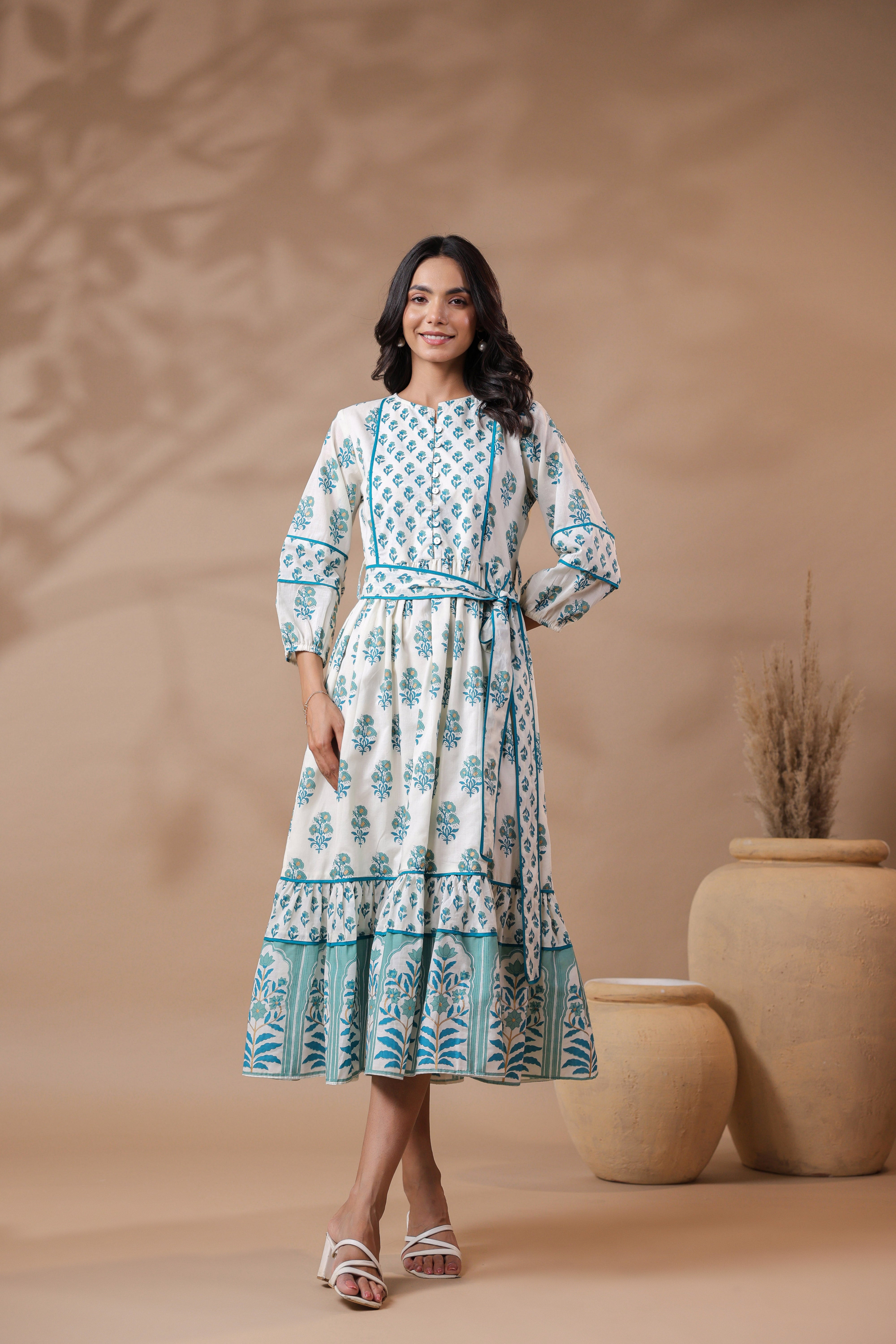 White Printed Cotton Maxi Dress with Lining