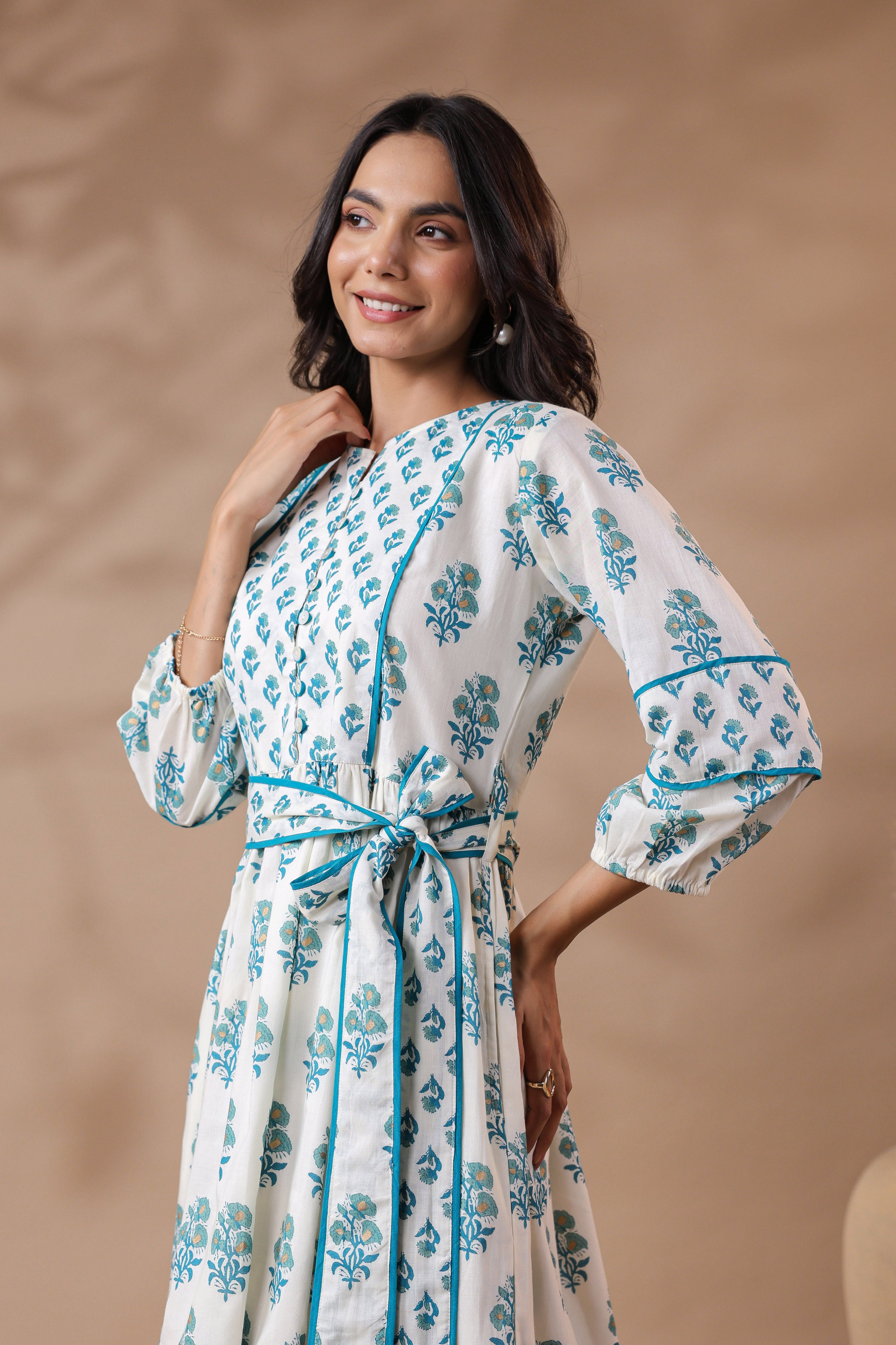 White Printed Cotton Maxi Dress with Lining