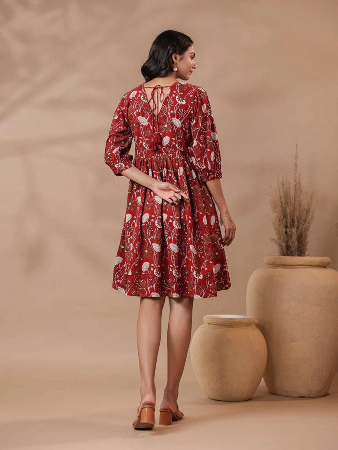 Bagru Printed V-Neck Printed Midi Dress