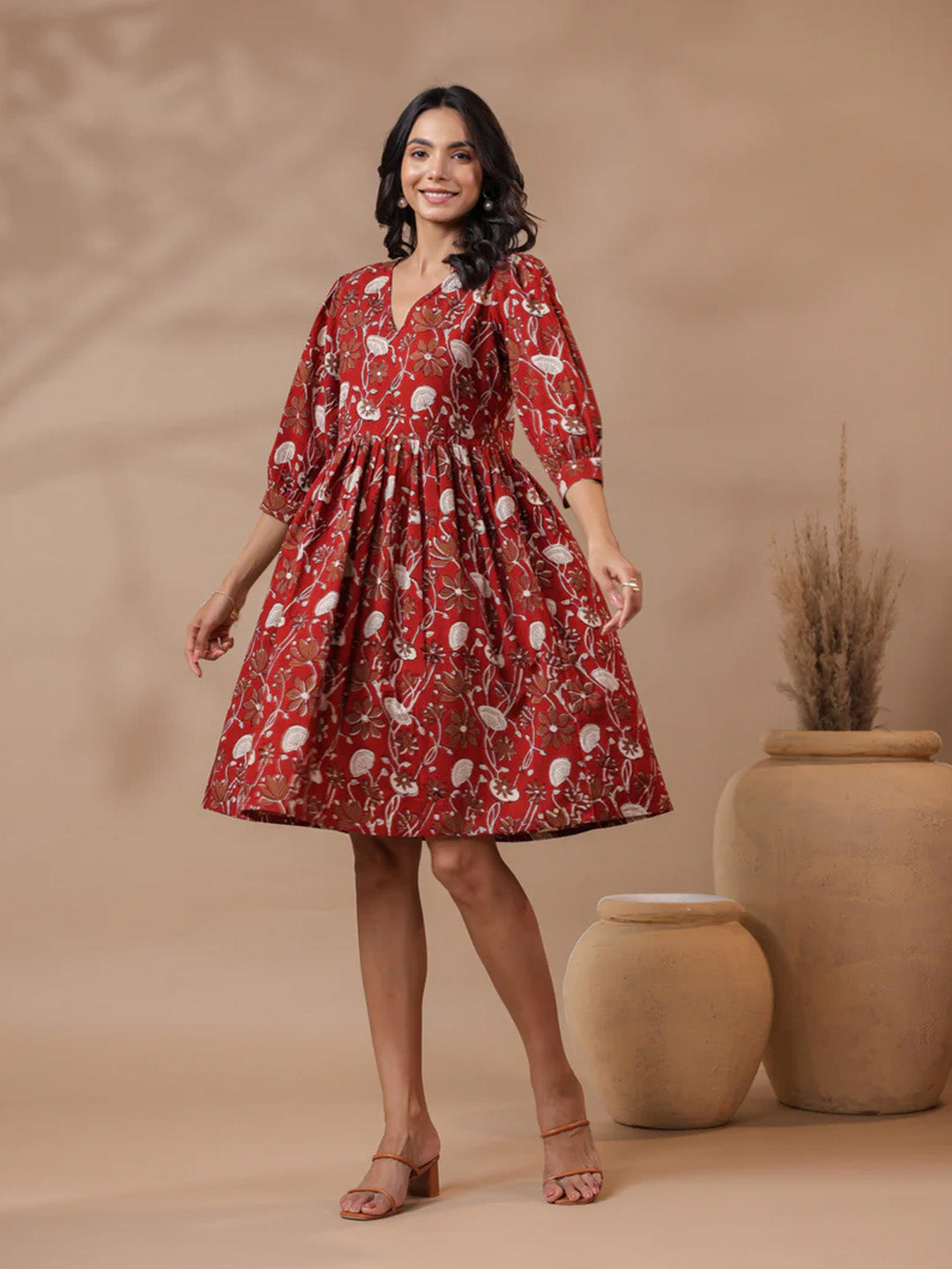 Bagru Printed V-Neck Printed Midi Dress