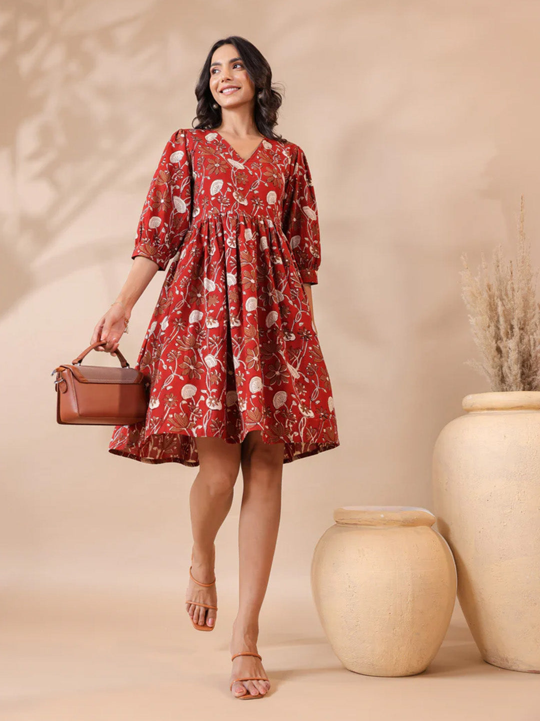 Bagru Printed V-Neck Printed Midi Dress