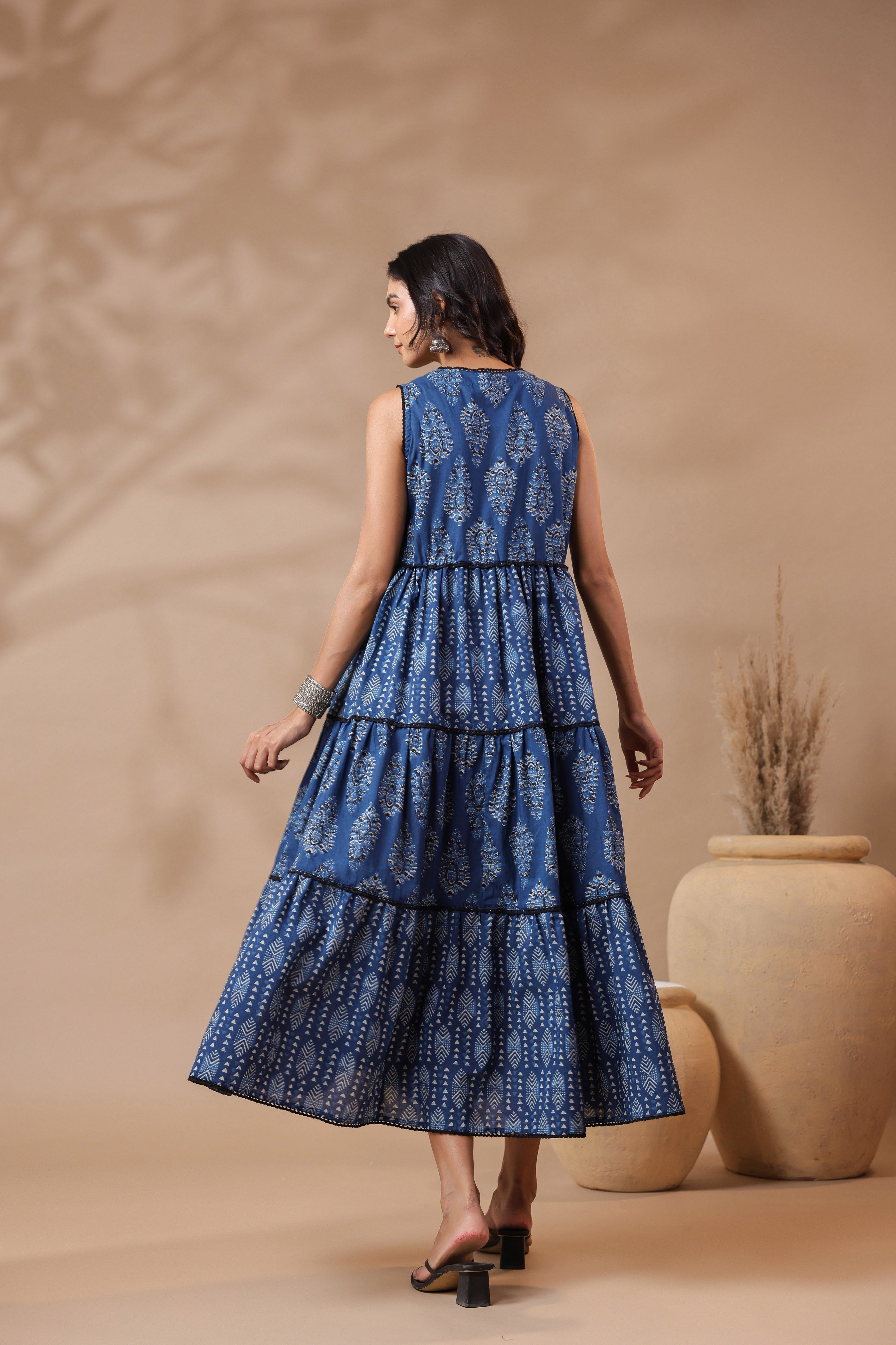 Indigo V-neck Handblock Printed Dress