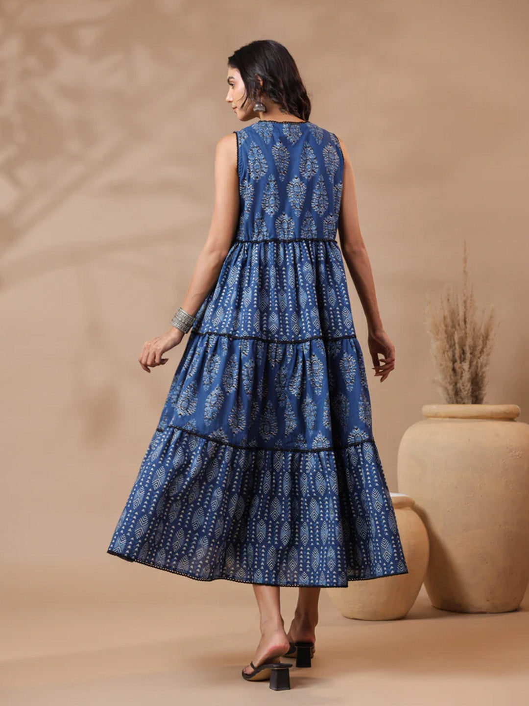 Indigo V-neck Handblock Printed Dress