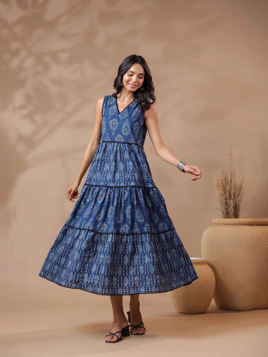 Indigo V-neck Handblock Printed Dress