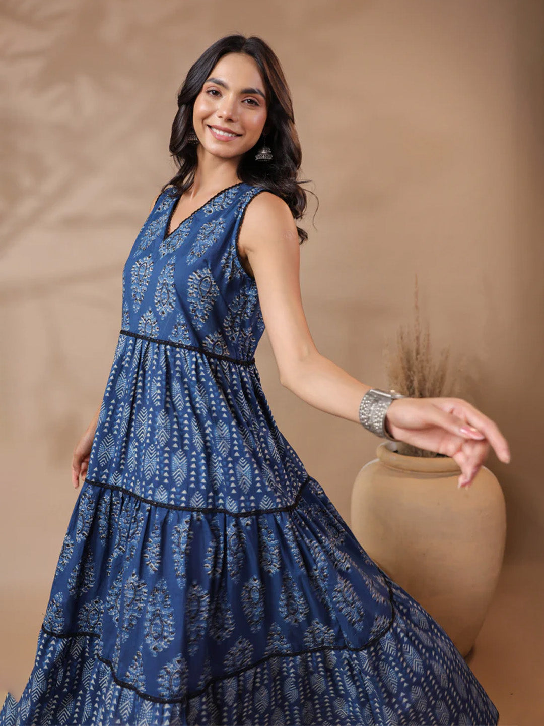 Indigo V-neck Handblock Printed Dress